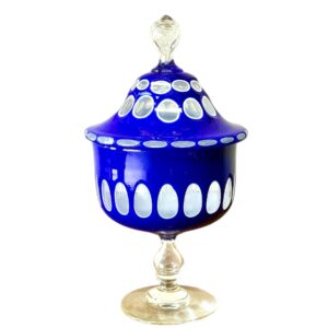 19th Century Blue Overlay and Opaline Glass Covered Drageoir