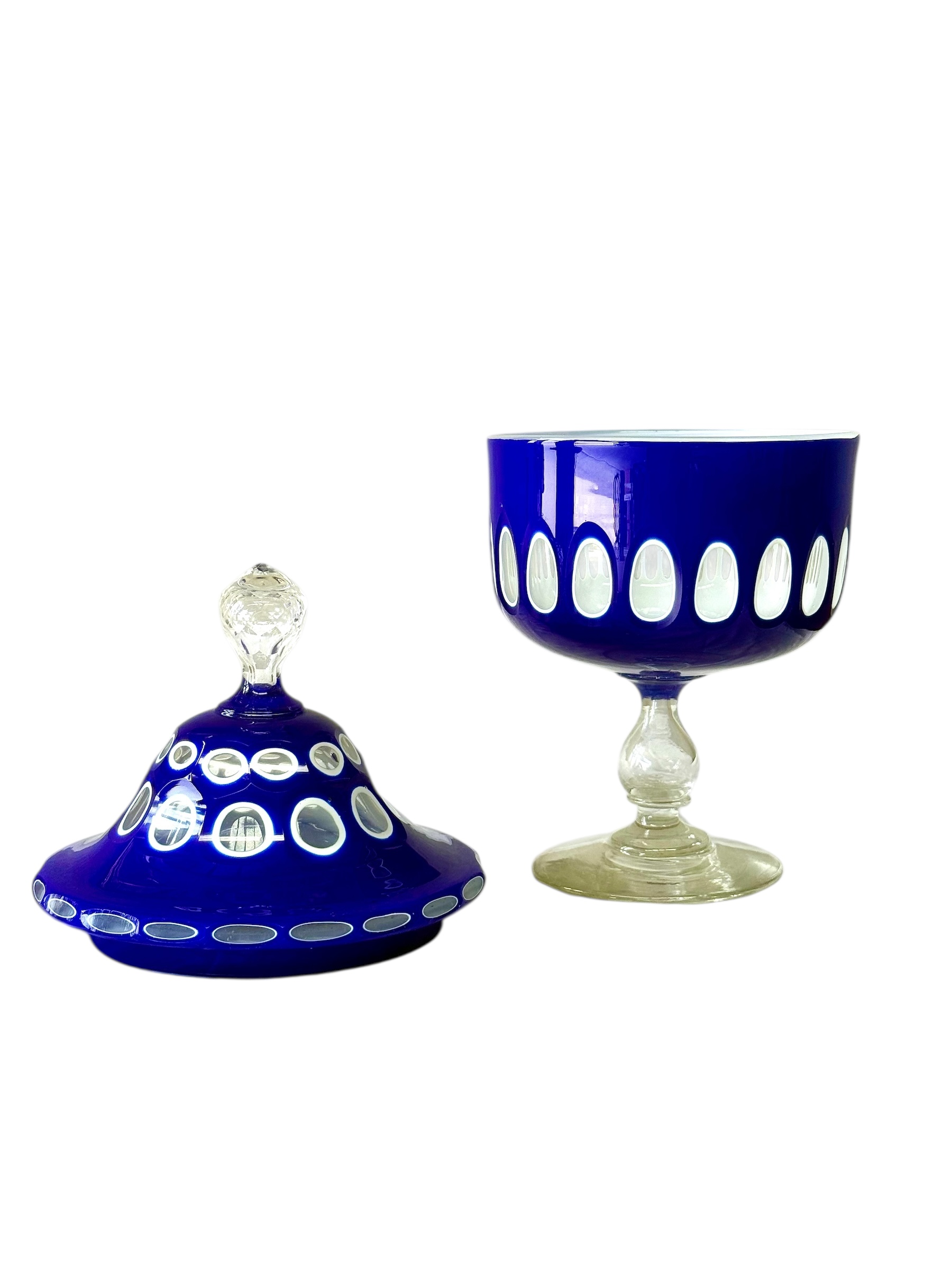 19th Century Blue Overlay and Opaline Glass Covered Drageoir - Image 5