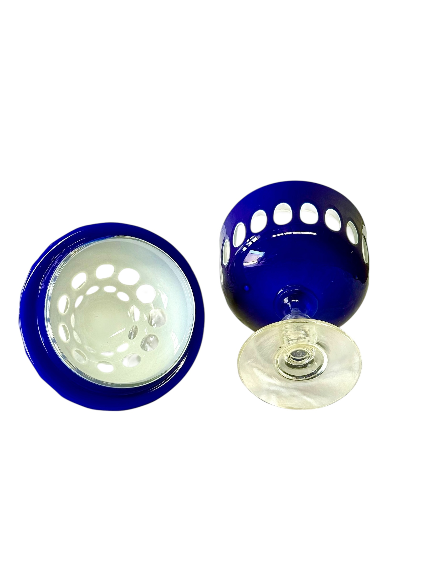 19th Century Blue Overlay and Opaline Glass Covered Drageoir