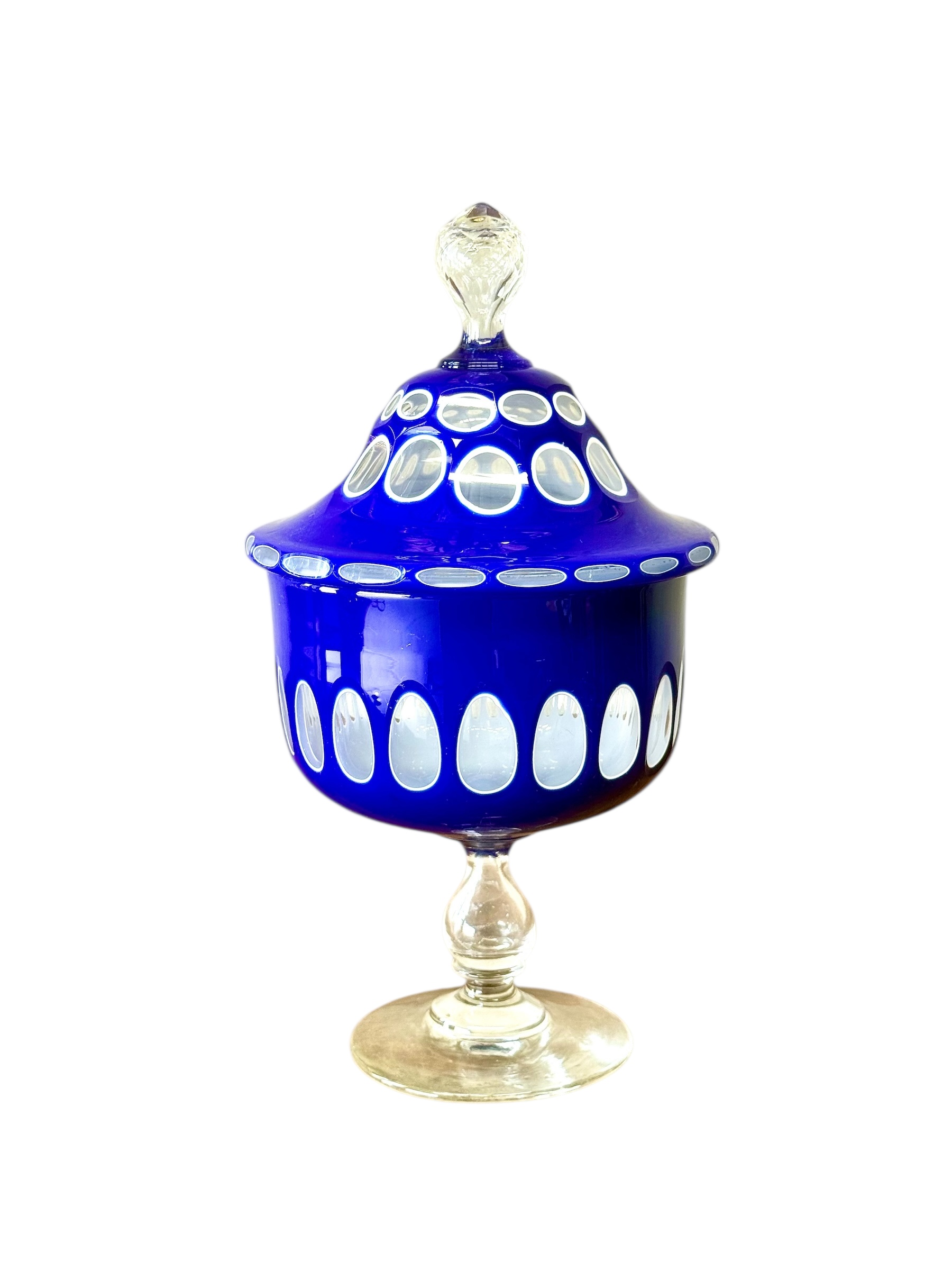 19th Century Blue Overlay and Opaline Glass Covered Drageoir