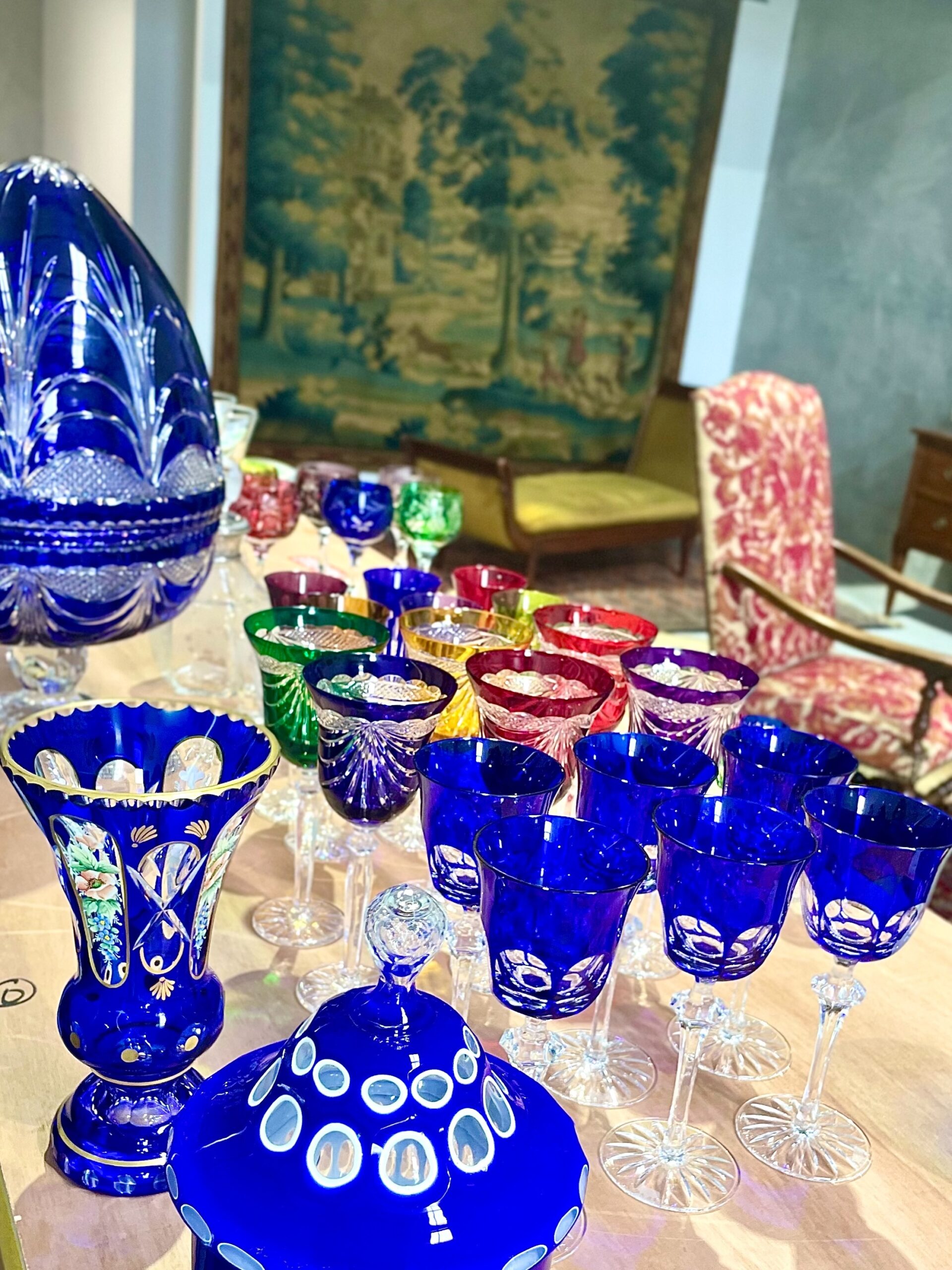 19th Century Cobalt Blue Overlay Crystal Vase with Enamel Flowers