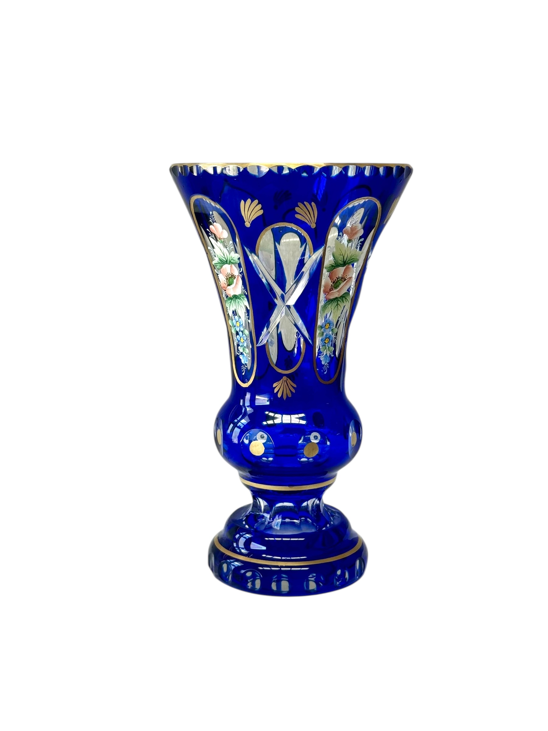 19th Century Cobalt Blue Overlay Crystal Vase with Enamel Flowers