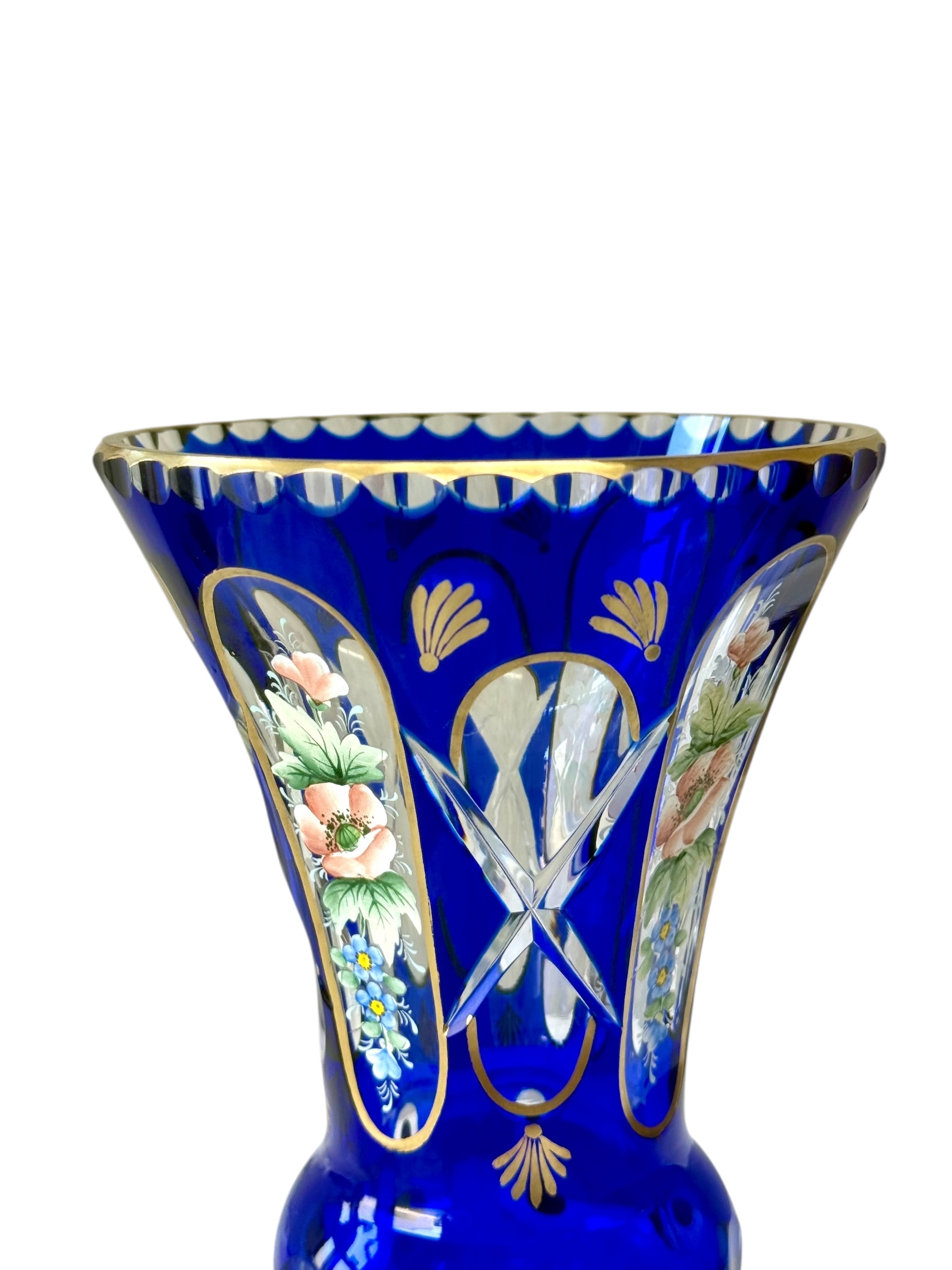 19th Century Cobalt Blue Overlay Crystal Vase with Enamel Flowers