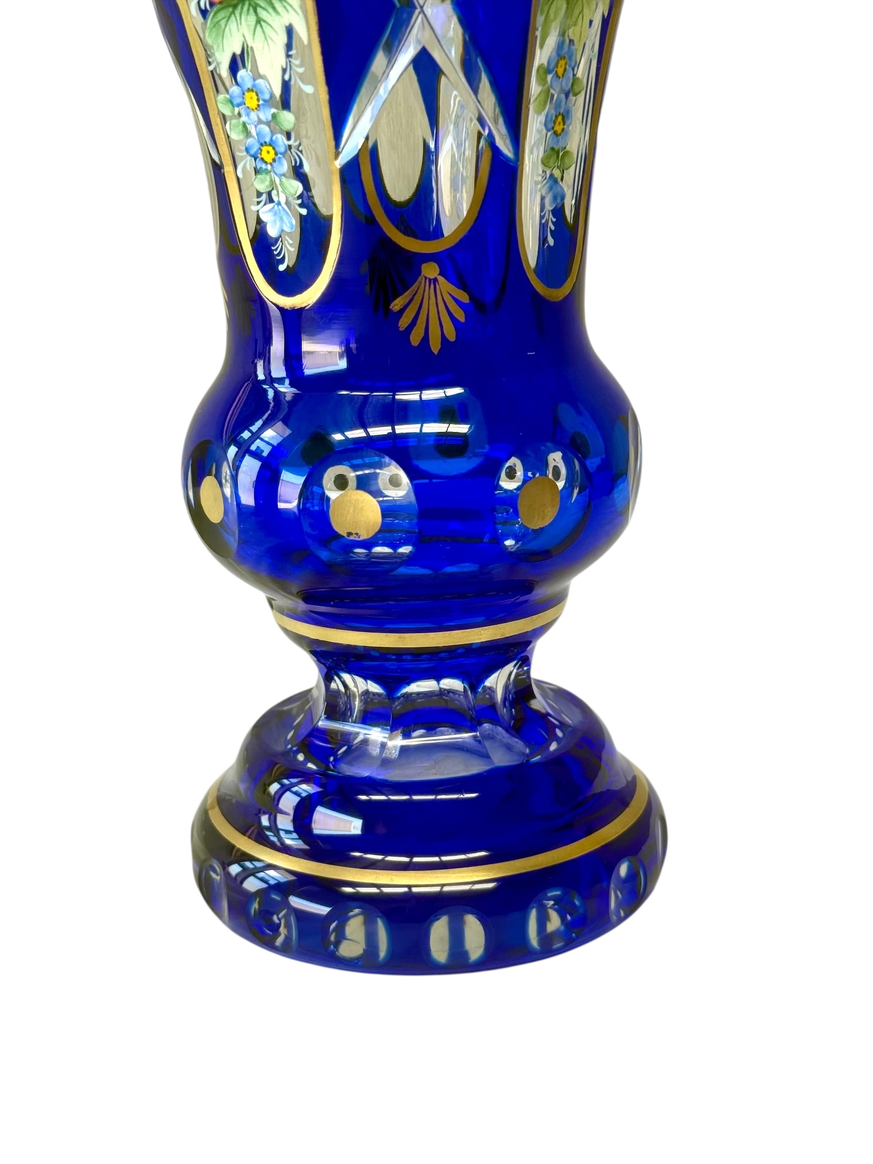 19th Century Cobalt Blue Overlay Crystal Vase with Enamel Flowers
