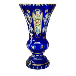 19th Century Cobalt Blue Overlay Crystal Vase with Enamel Flowers