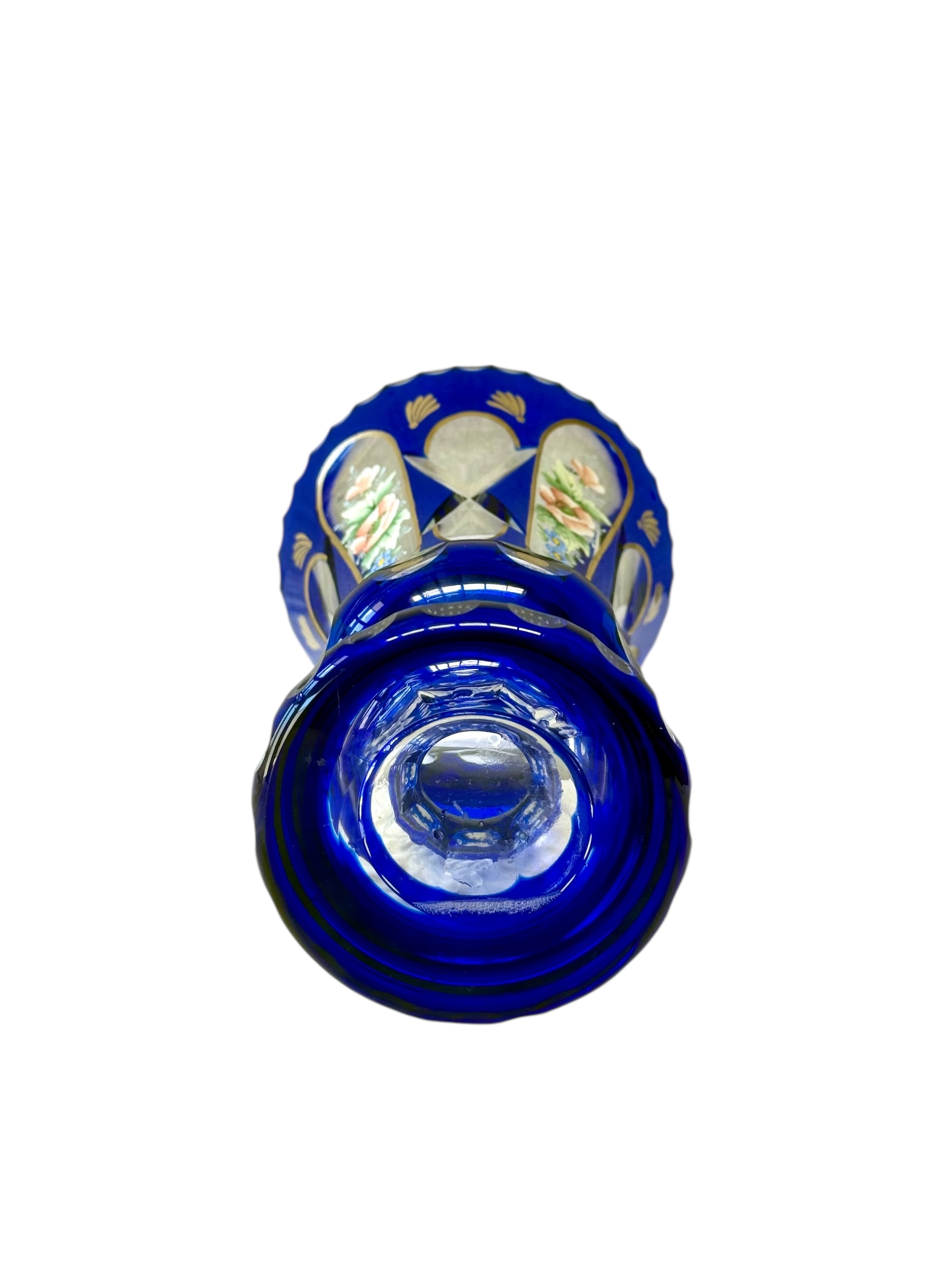 19th Century Cobalt Blue Overlay Crystal Vase with Enamel Flowers - Image 9
