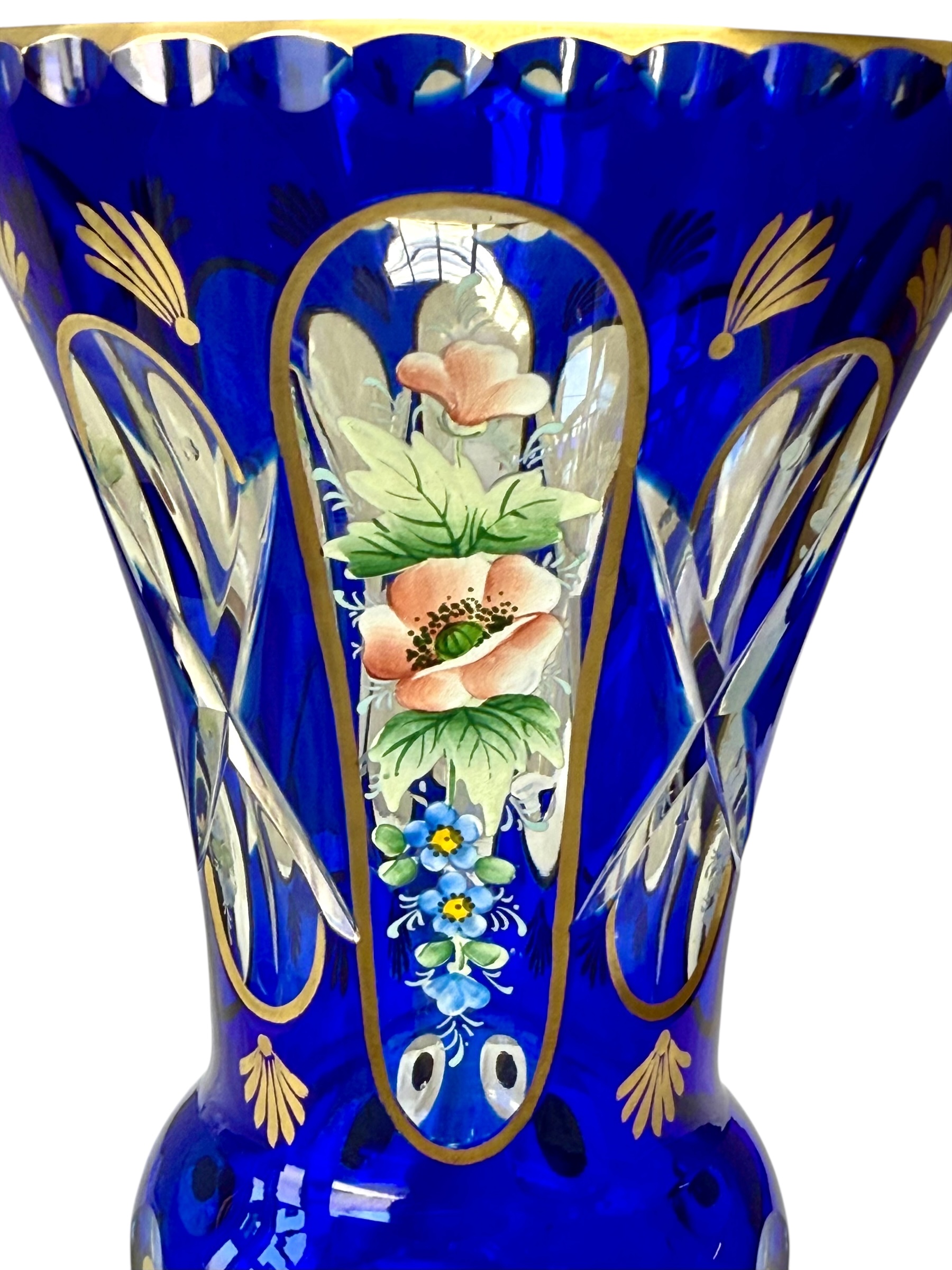 19th Century Cobalt Blue Overlay Crystal Vase with Enamel Flowers - Image 11