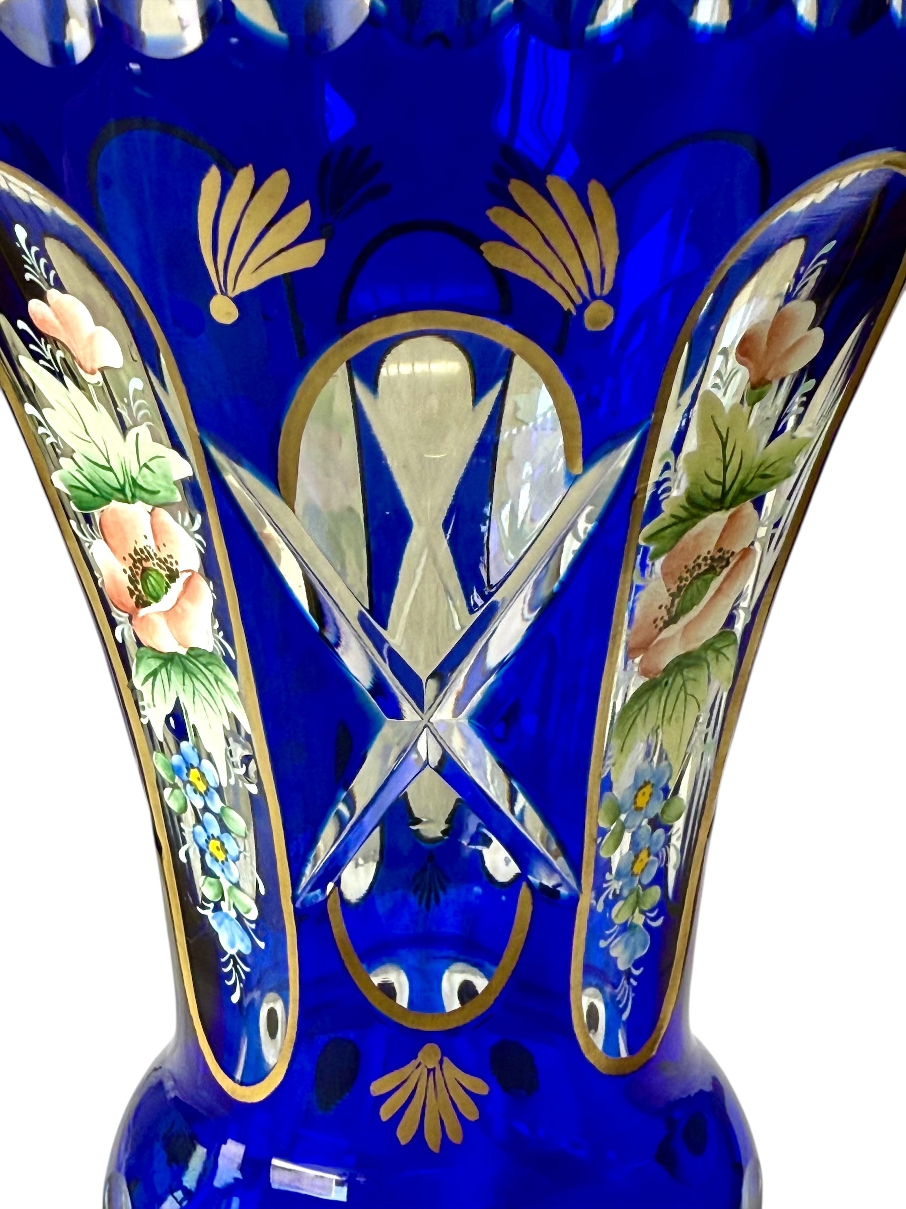 19th Century Cobalt Blue Overlay Crystal Vase with Enamel Flowers