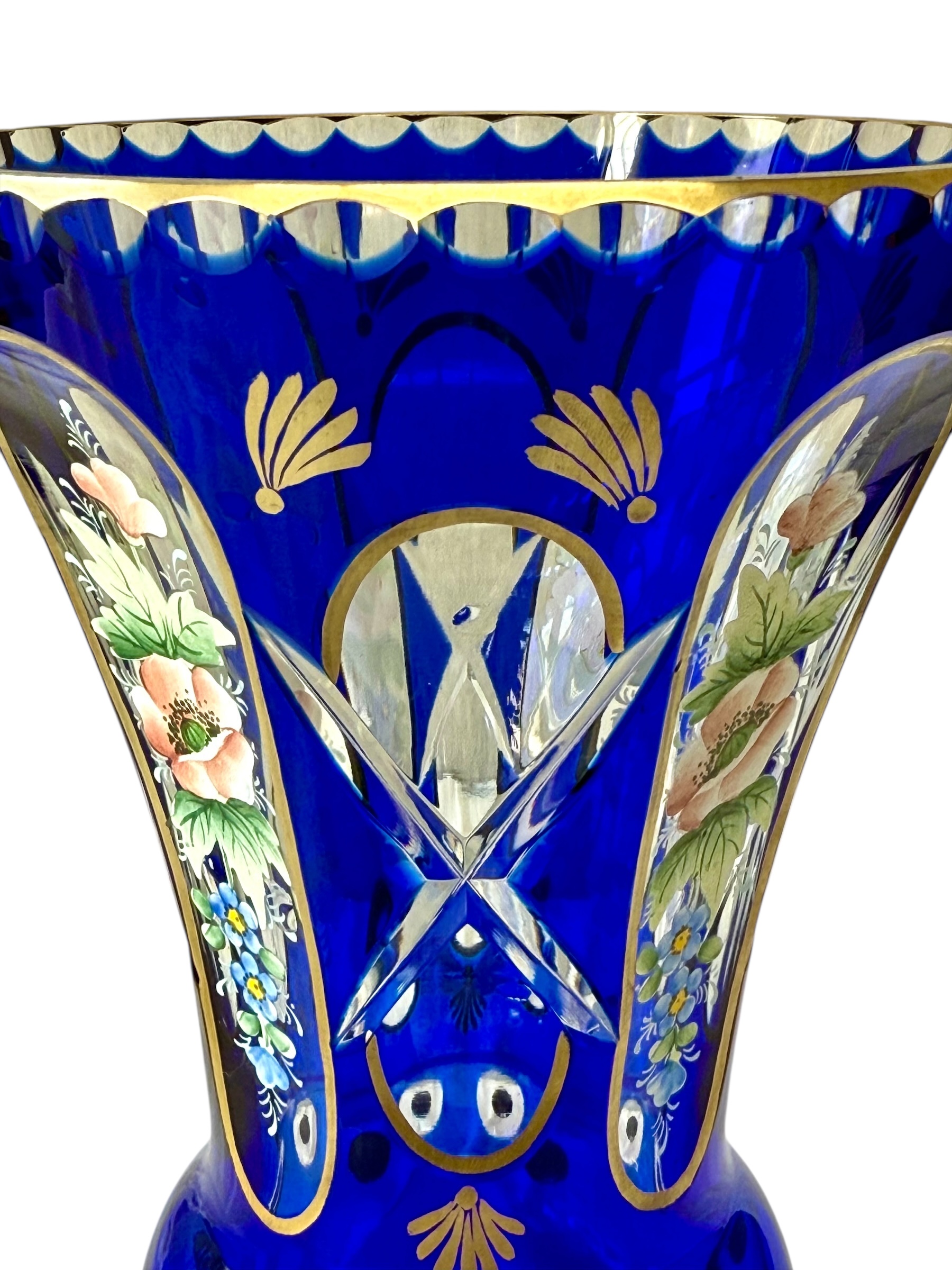 19th Century Cobalt Blue Overlay Crystal Vase with Enamel Flowers