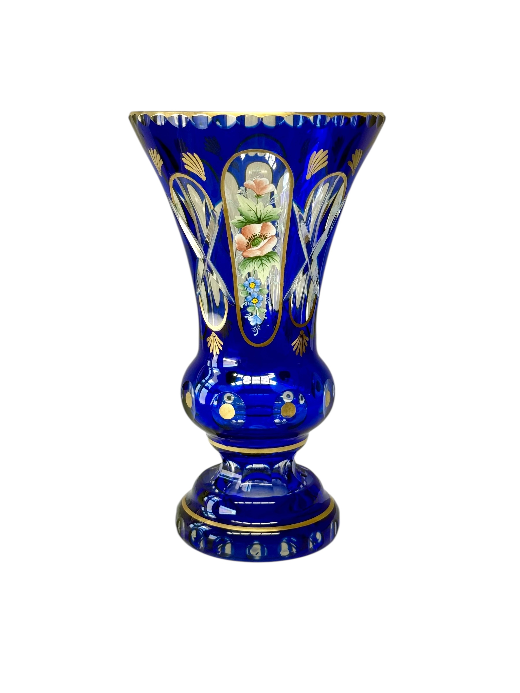 19th Century Cobalt Blue Overlay Crystal Vase with Enamel Flowers