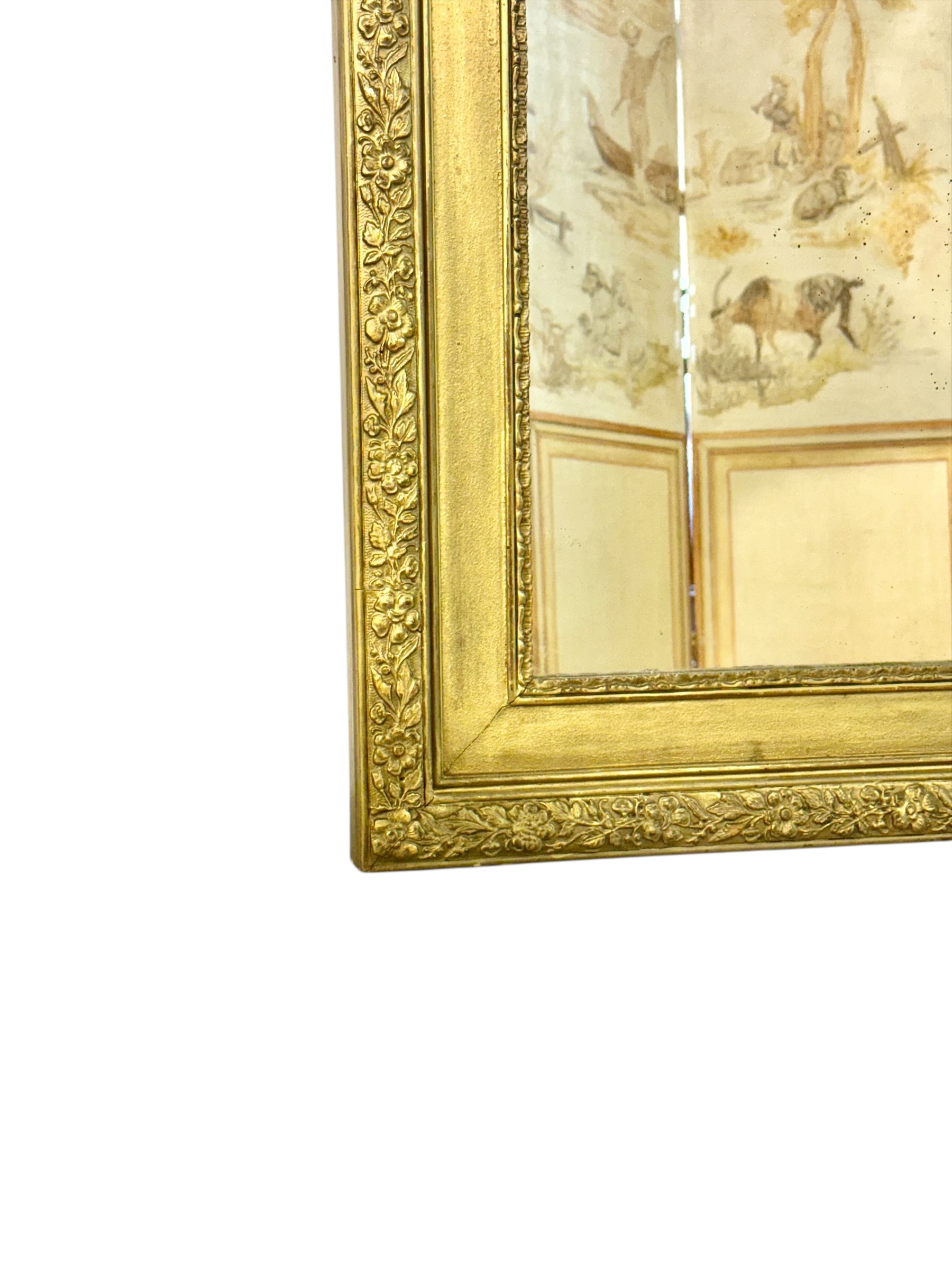 19th Century French Gilded Mirror with Floral Crest and Original Glass
