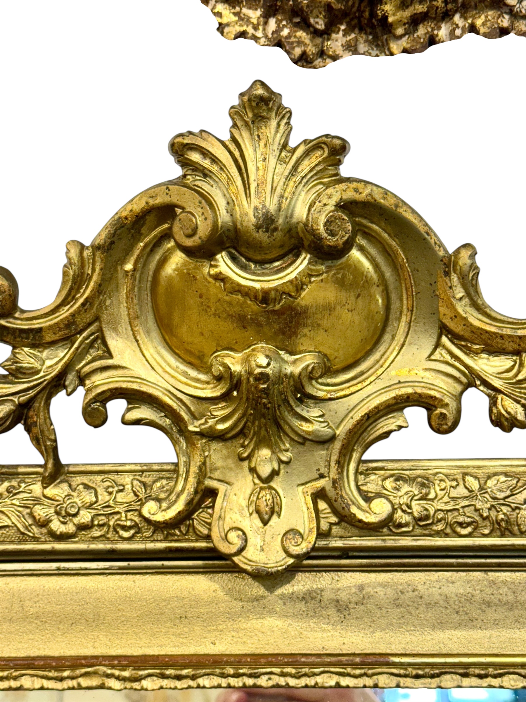 19th Century French Gilded Mirror with Floral Crest and Original Glass