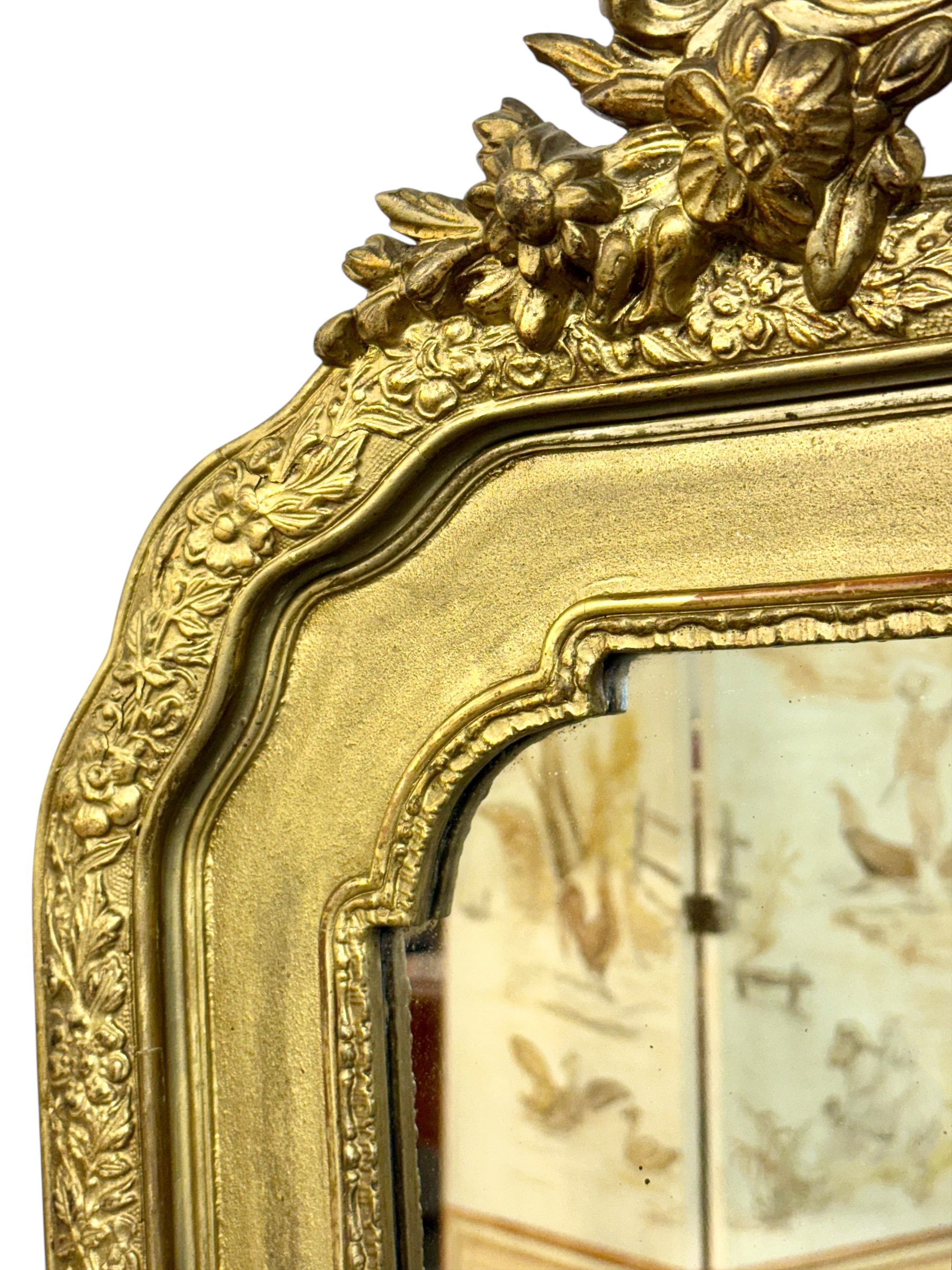 19th Century French Gilded Mirror with Floral Crest and Original Glass