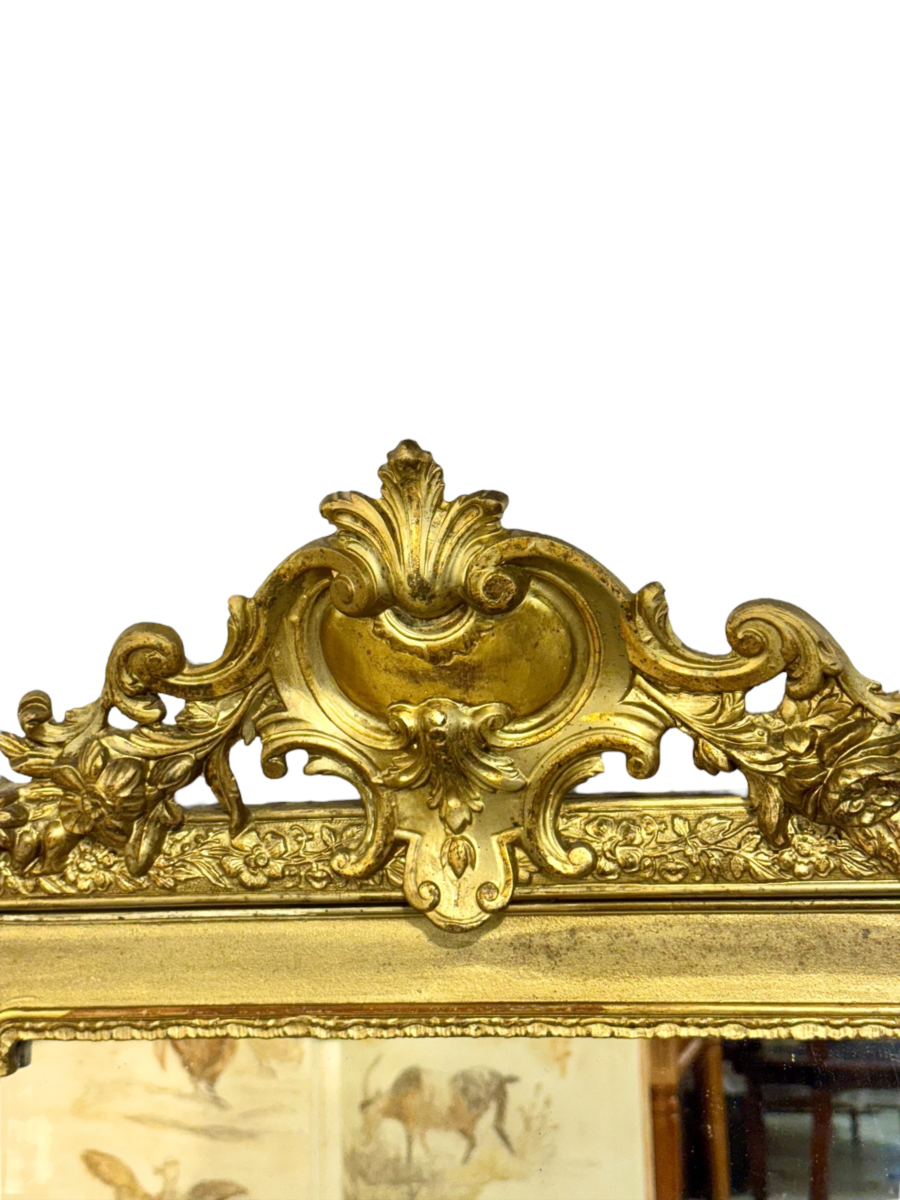 19th Century French Gilded Mirror with Floral Crest and Original Glass