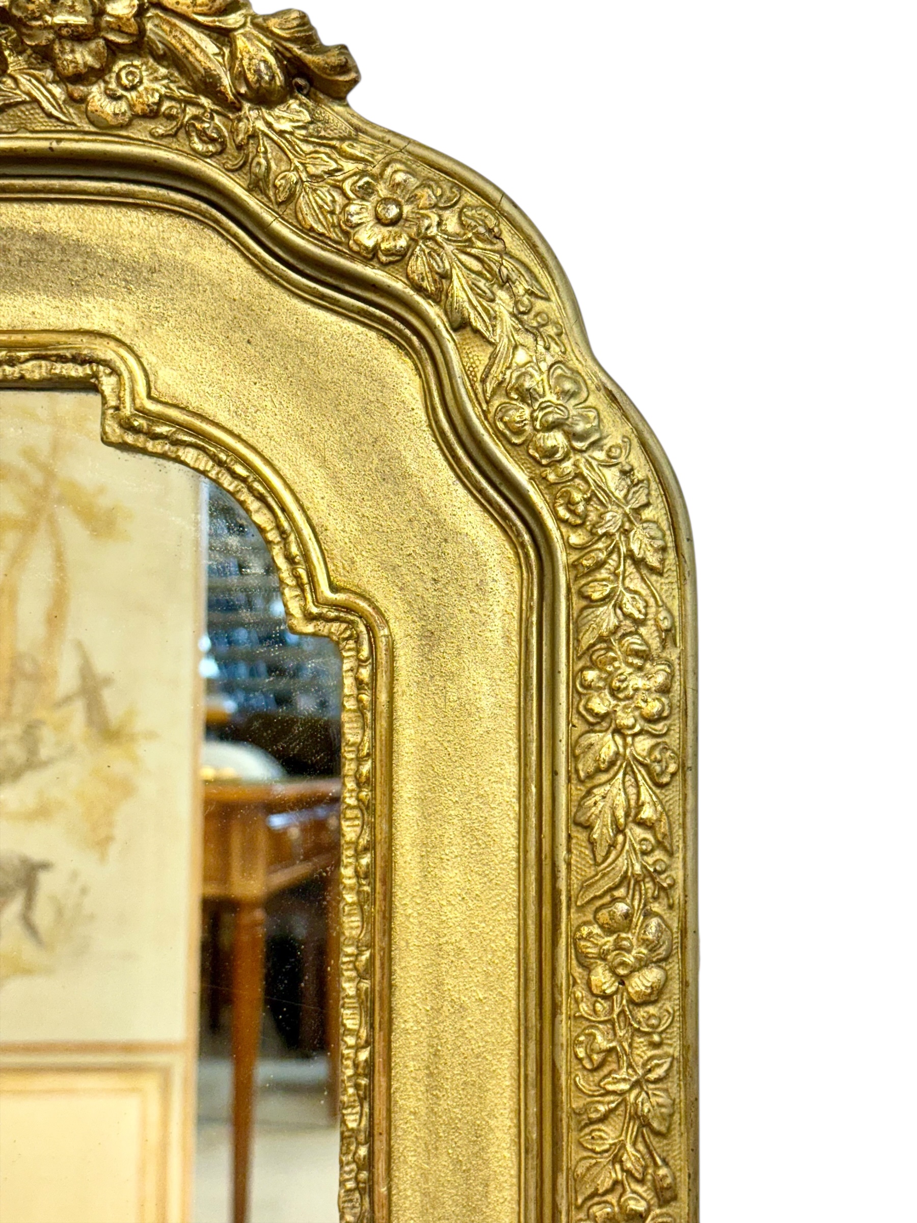 19th Century French Gilded Mirror with Floral Crest and Original Glass