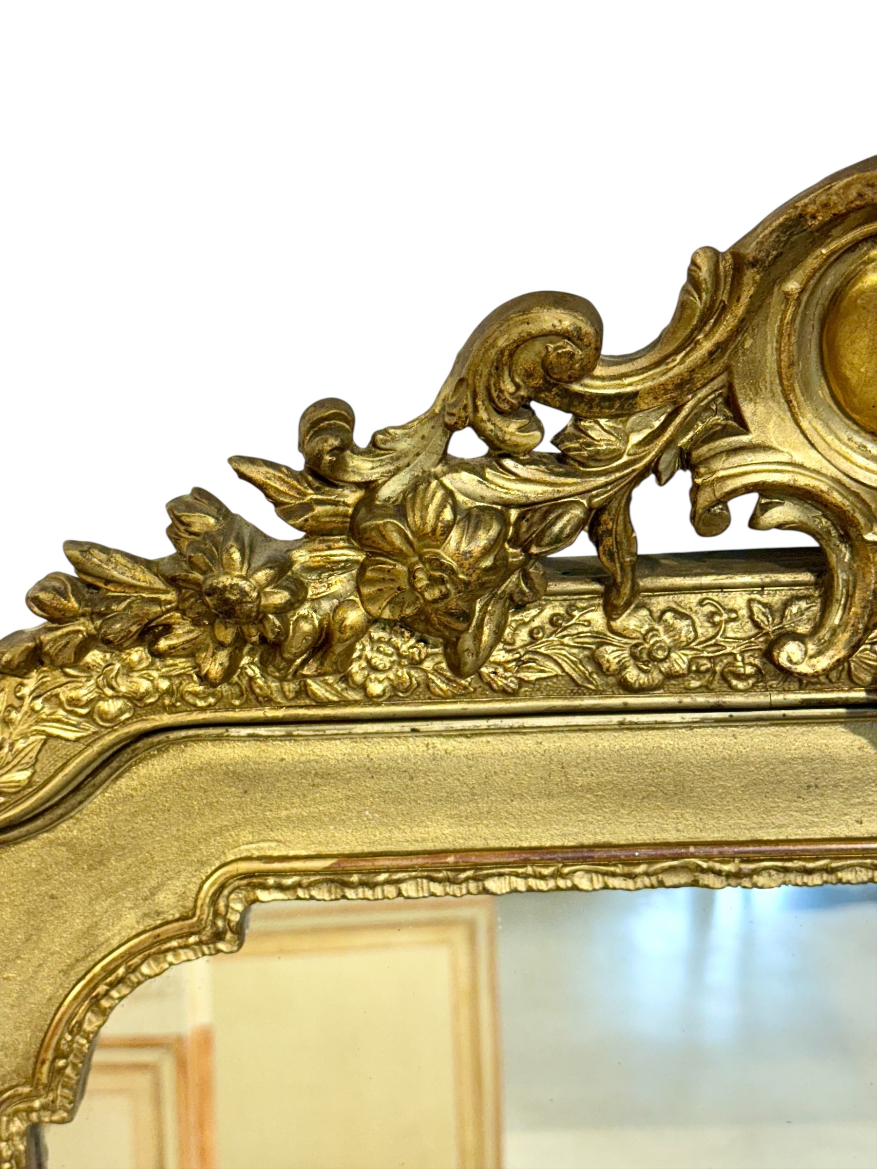 19th Century French Gilded Mirror with Floral Crest and Original Glass