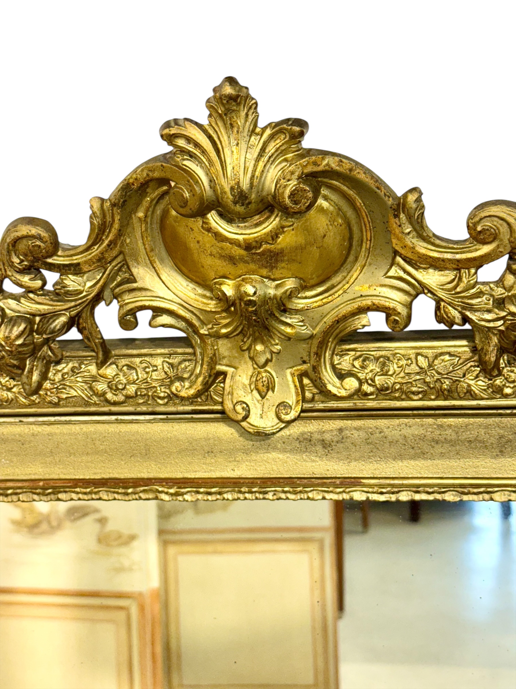 19th Century French Gilded Mirror with Floral Crest and Original Glass
