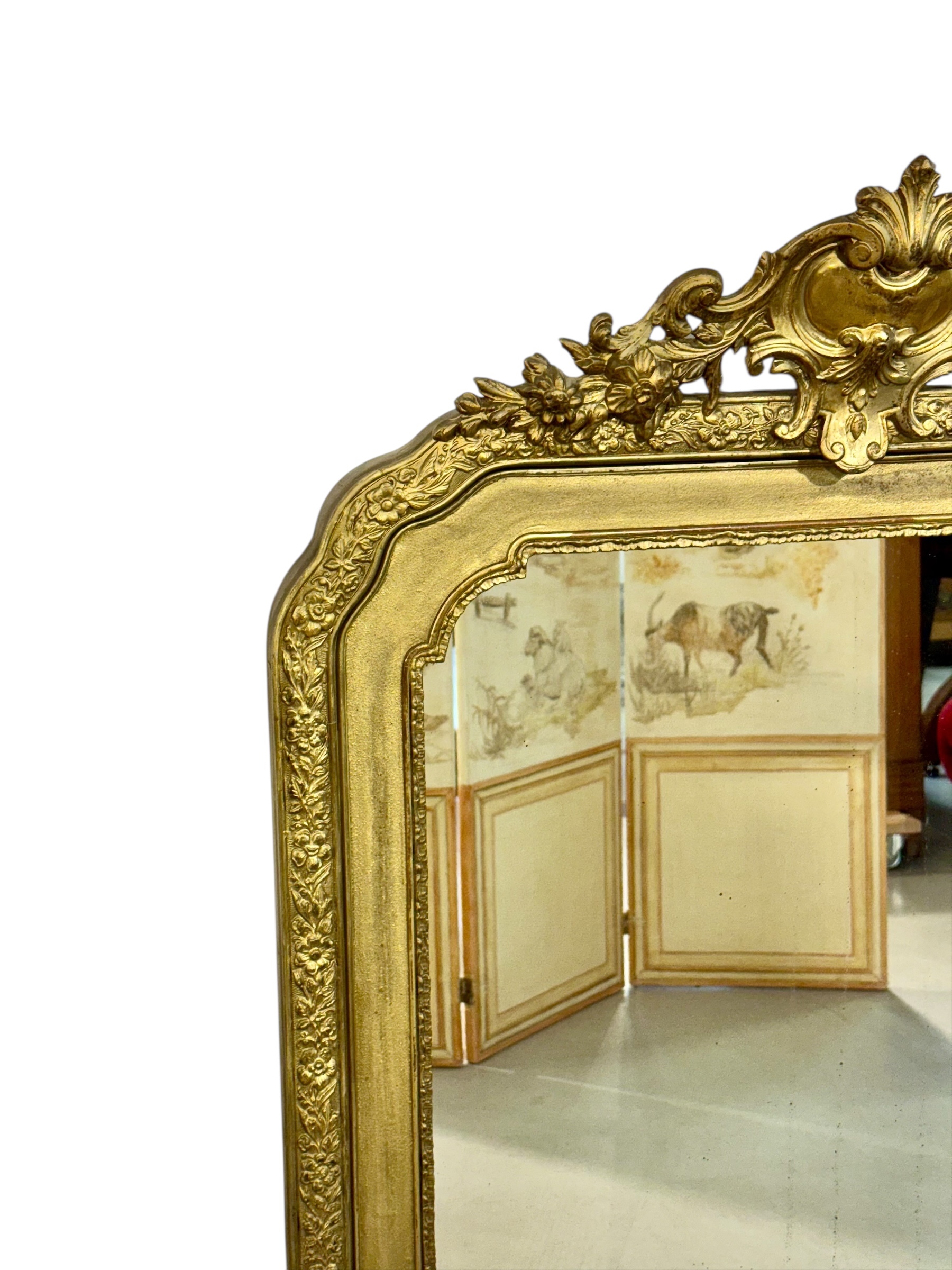 19th Century French Gilded Mirror with Floral Crest and Original Glass