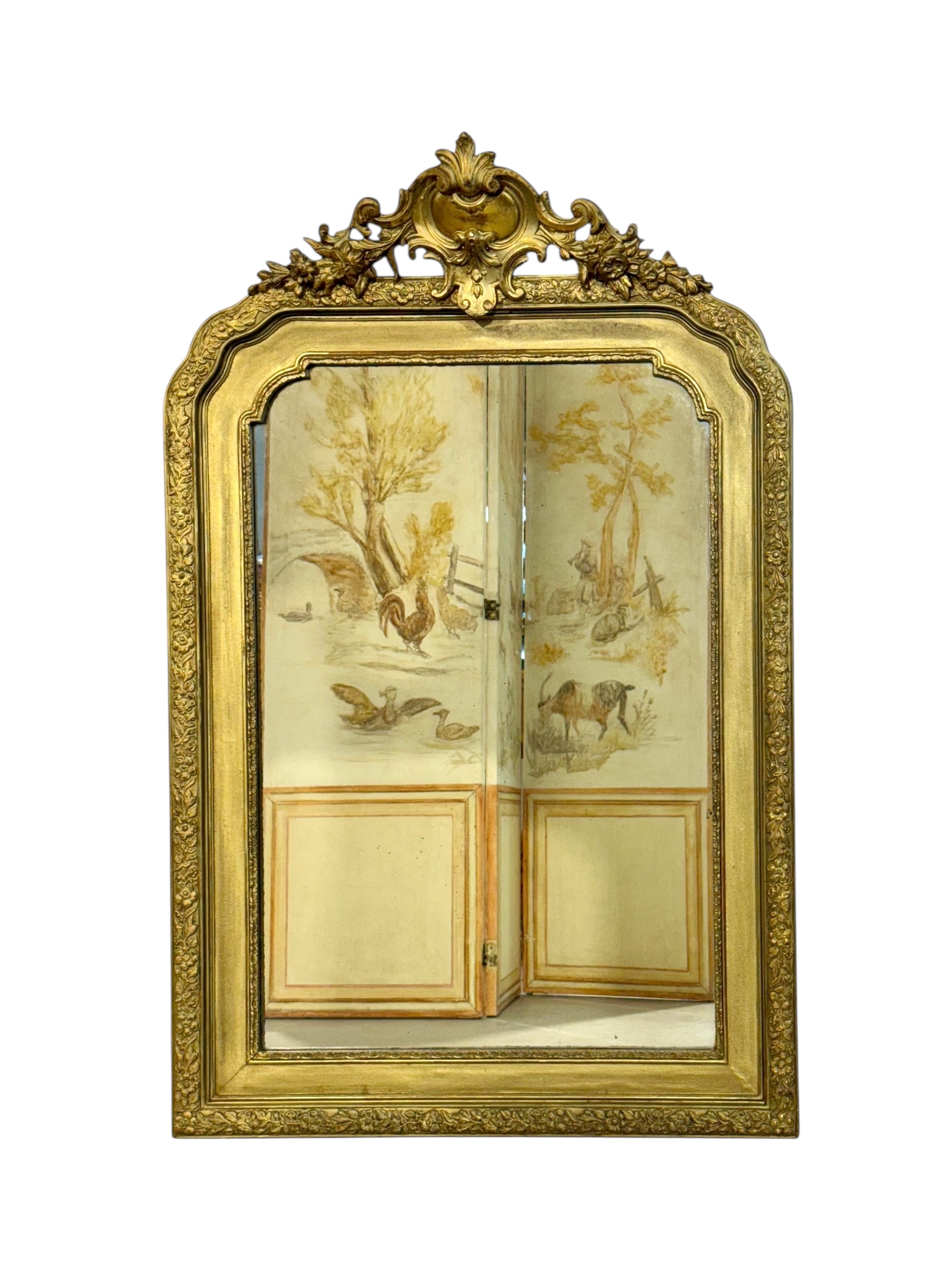 19th Century French Gilded Mirror with Floral Crest and Original Glass