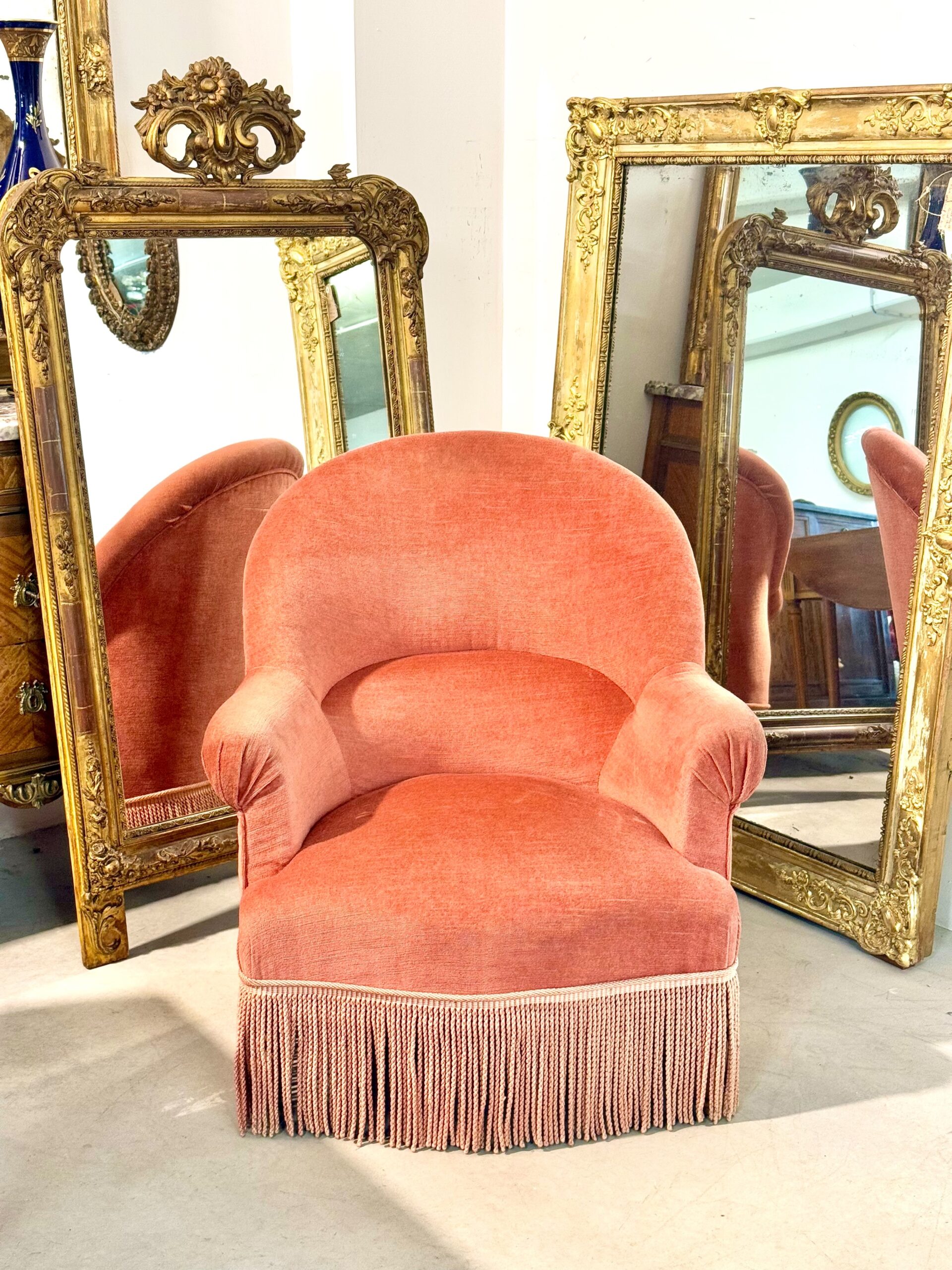 19th Century French Velvet Bergere Armchair with Tassel Fringe Trim