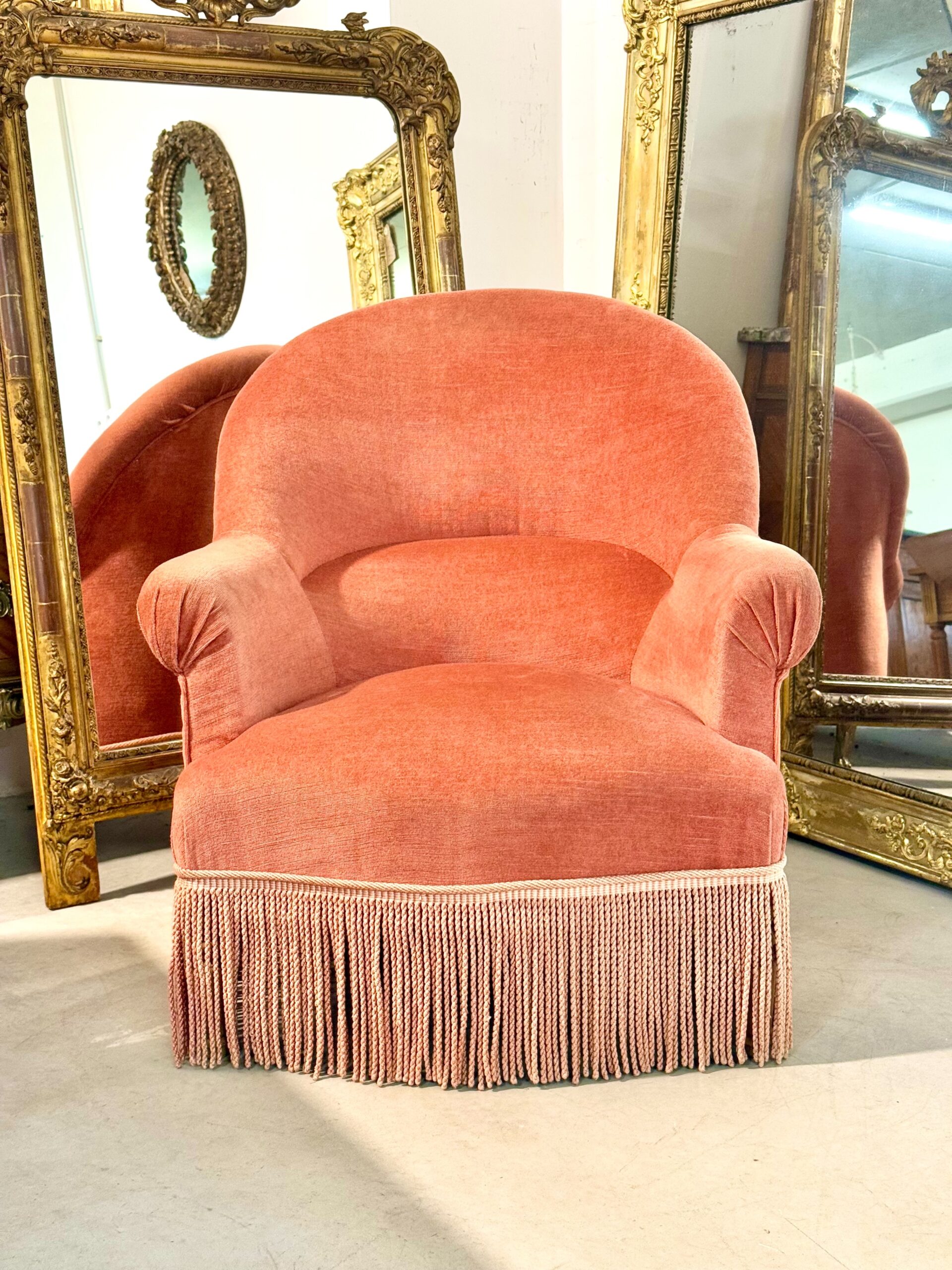 19th Century French Velvet Bergere Armchair with Tassel Fringe Trim