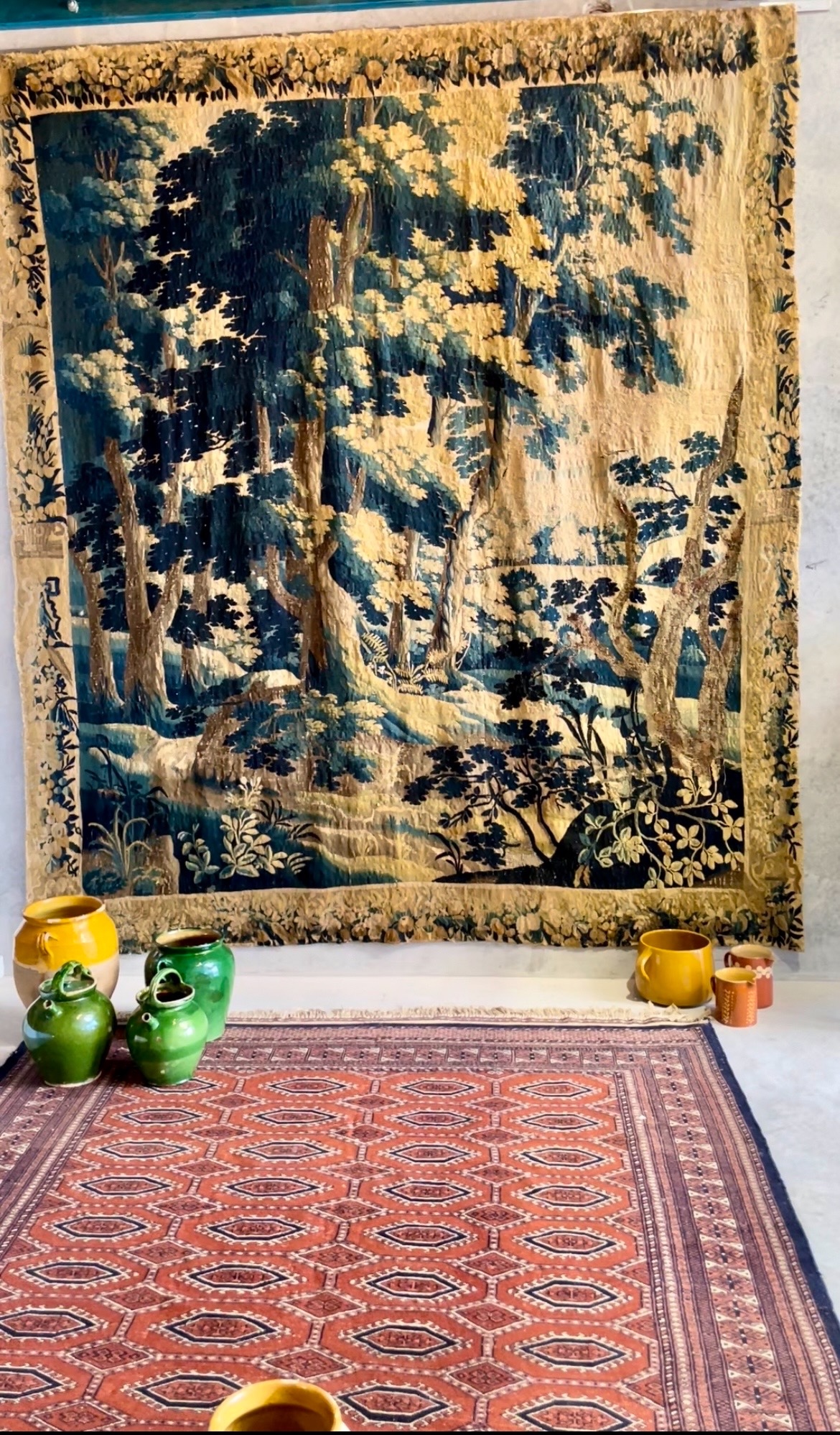 19th Century Persian Handwoven Rug in Red and Navy Wool