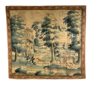Large 18th Century Verdure Tapestry with Pastoral Scene and Wolf Attack