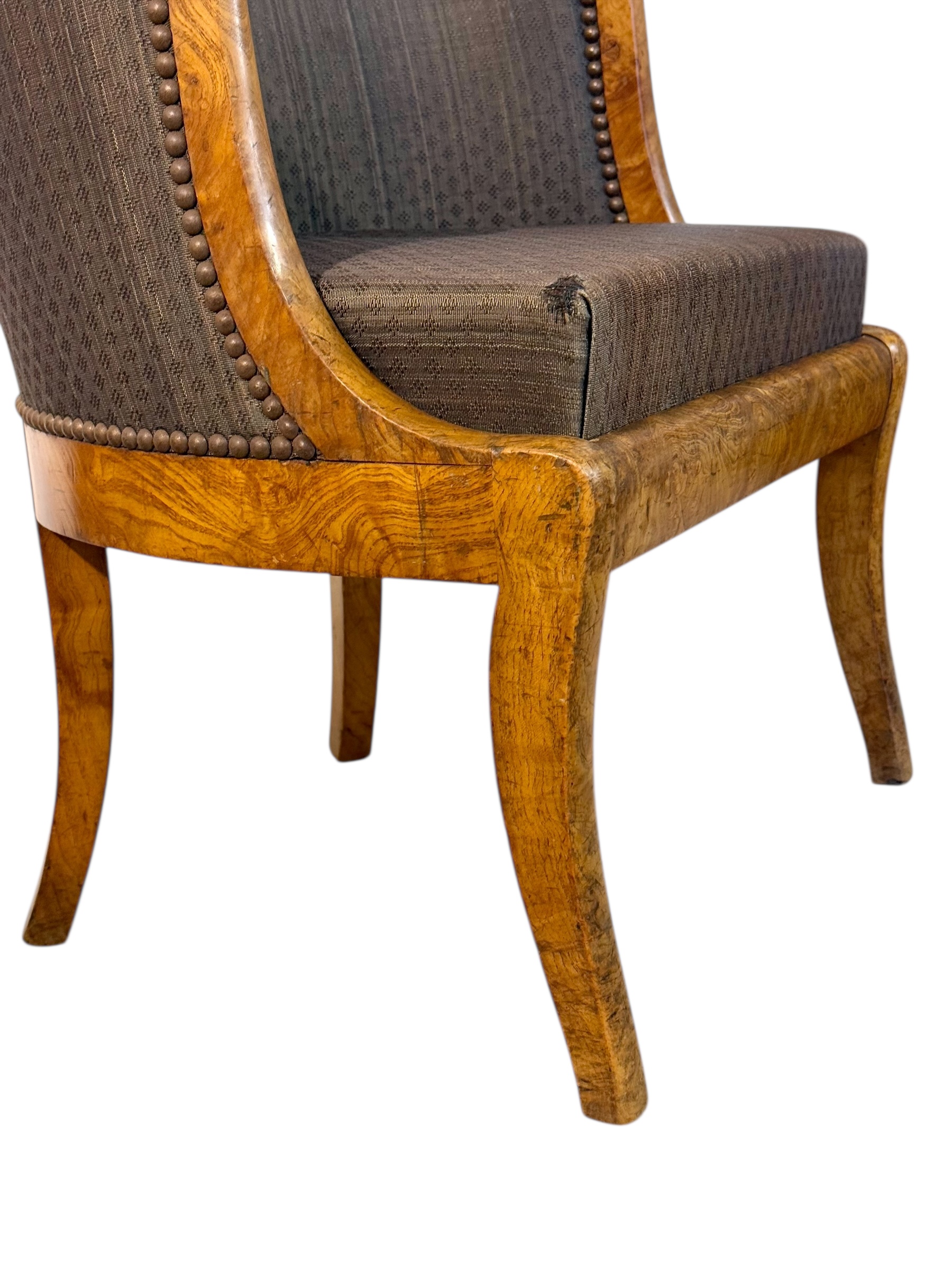 Pair of 19th Century French Empire Style Burl Wood Gondola Armchairs