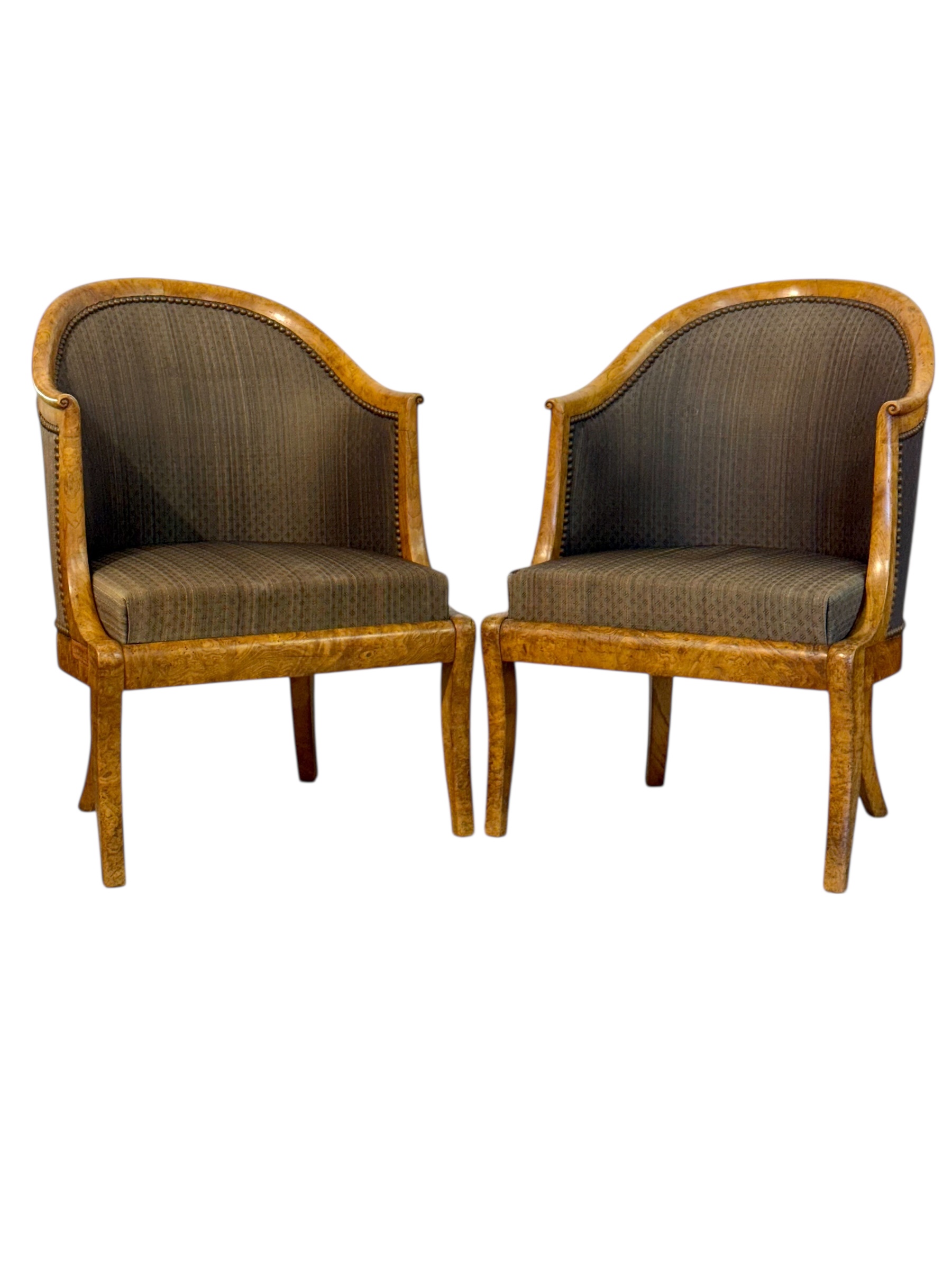 Pair of 19th Century French Empire Style Burl Wood Gondola Armchairs