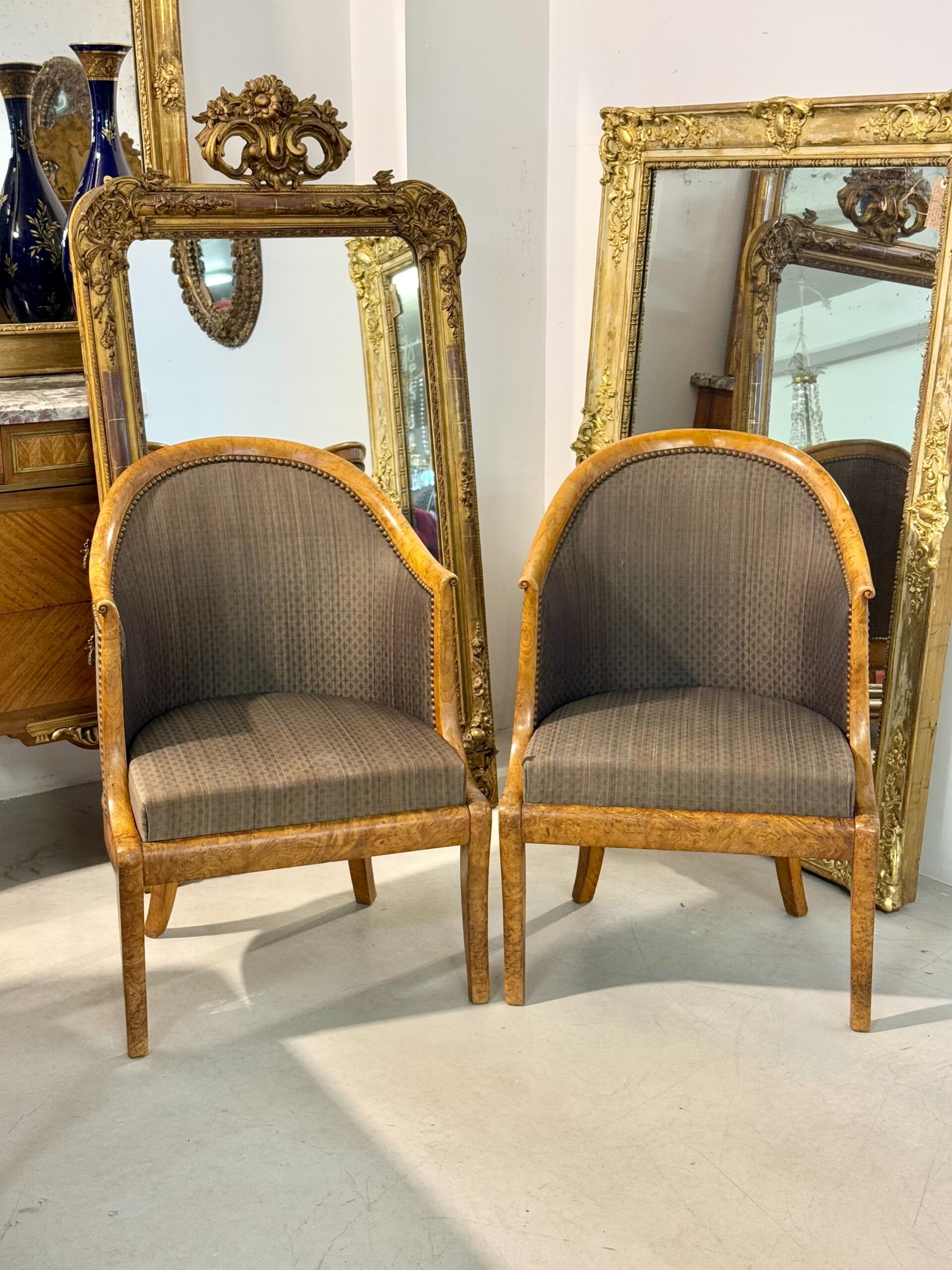 Pair of 19th Century French Empire Style Burl Wood Gondola Armchairs - Image 11