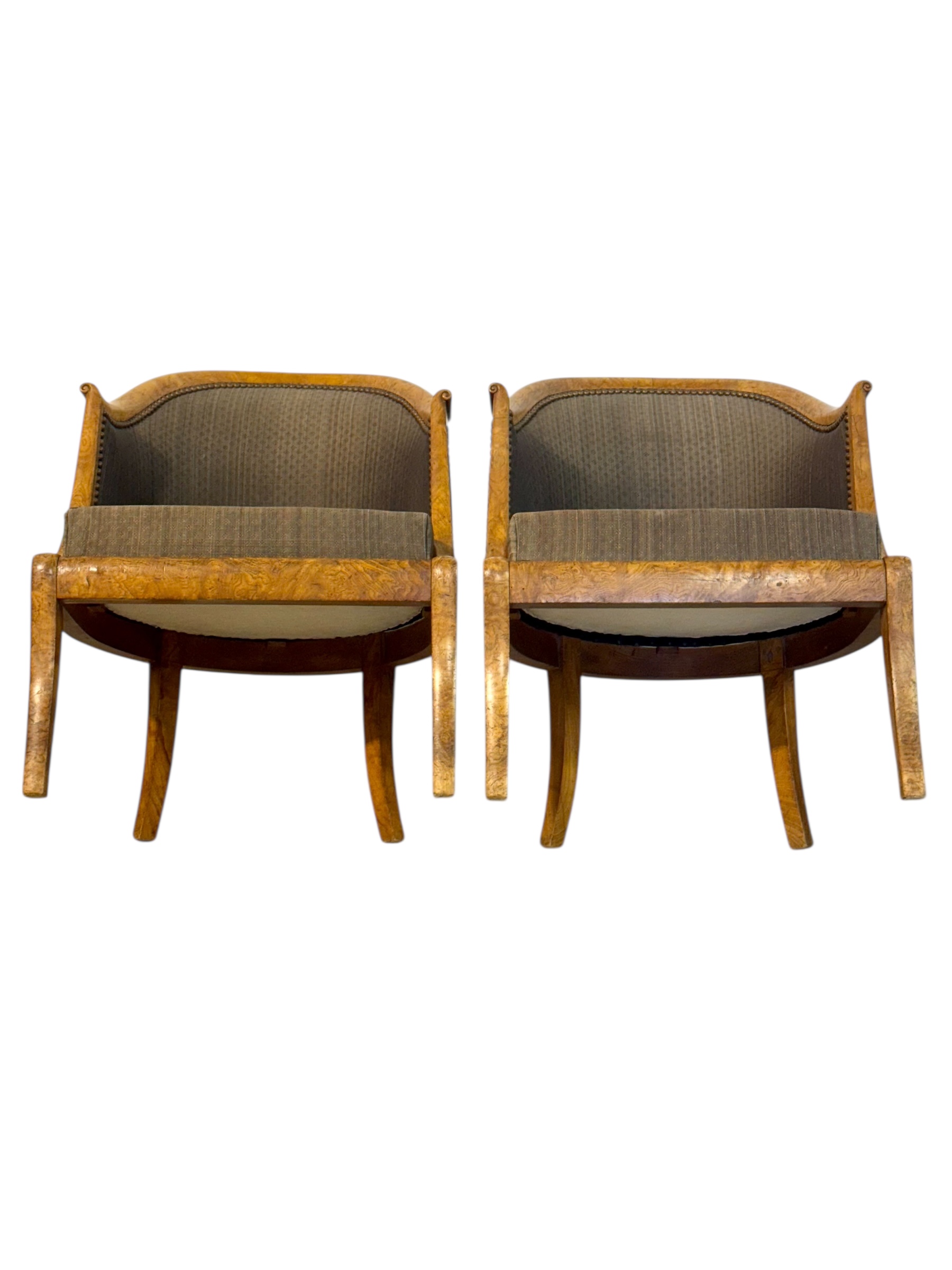 Pair of 19th Century French Empire Style Burl Wood Gondola Armchairs - Image 12