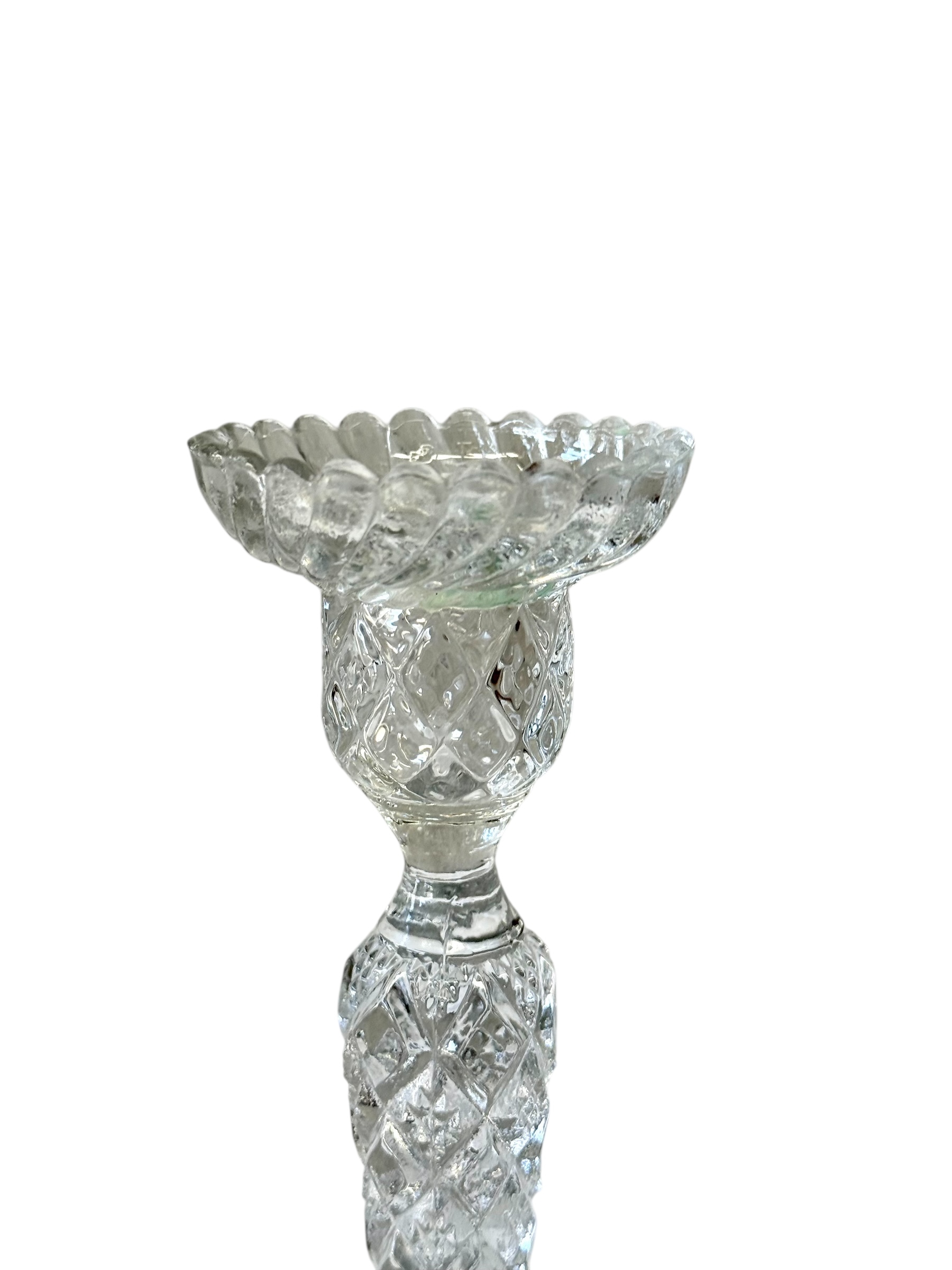 Pair of Cut Crystal Candleholders with Diamond Pattern, 19th Century
