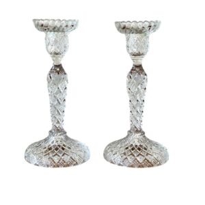 Pair of Cut Crystal Candleholders with Diamond Pattern, 19th Century