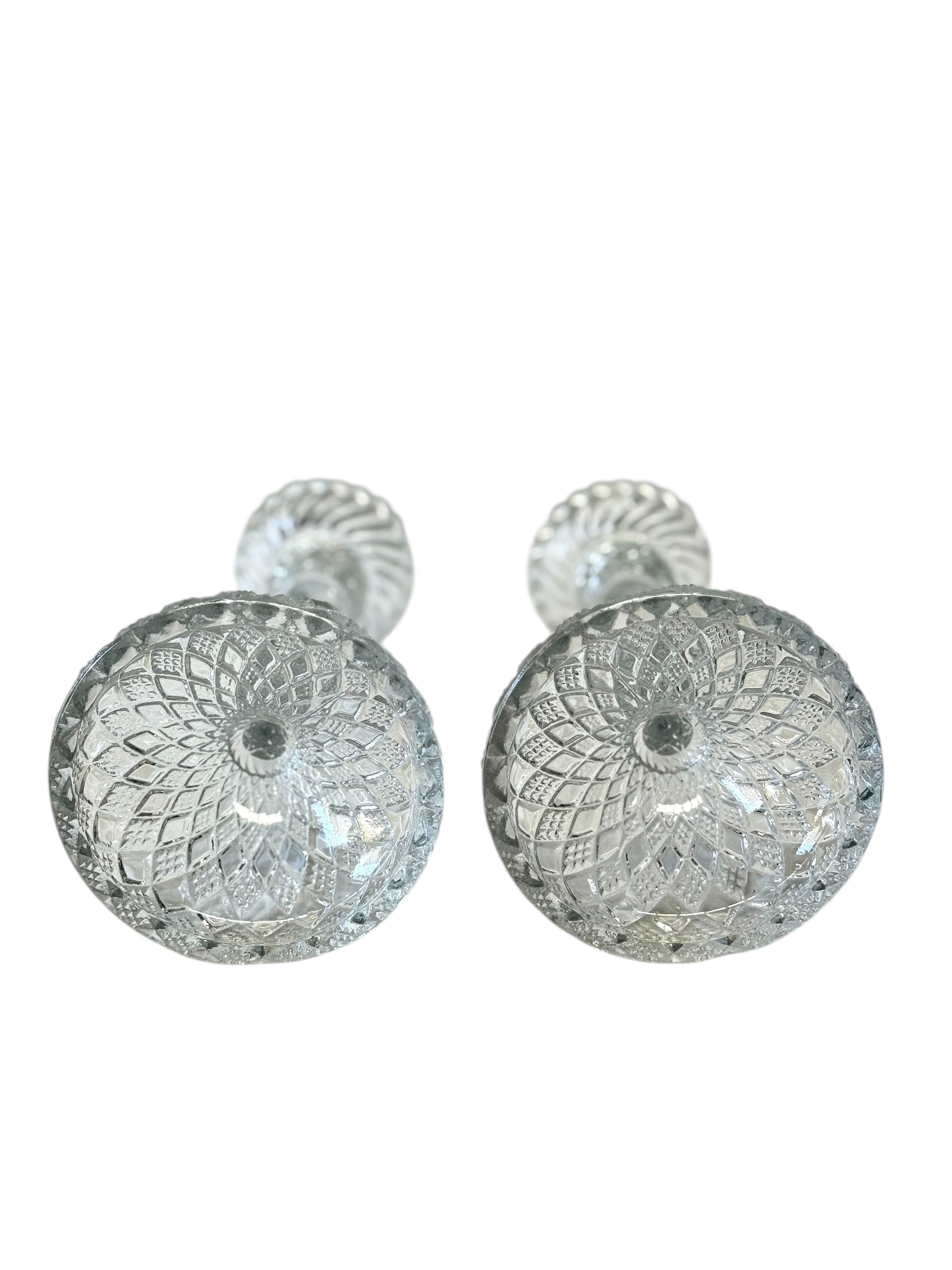 Pair of Cut Crystal Candleholders with Diamond Pattern, 19th Century