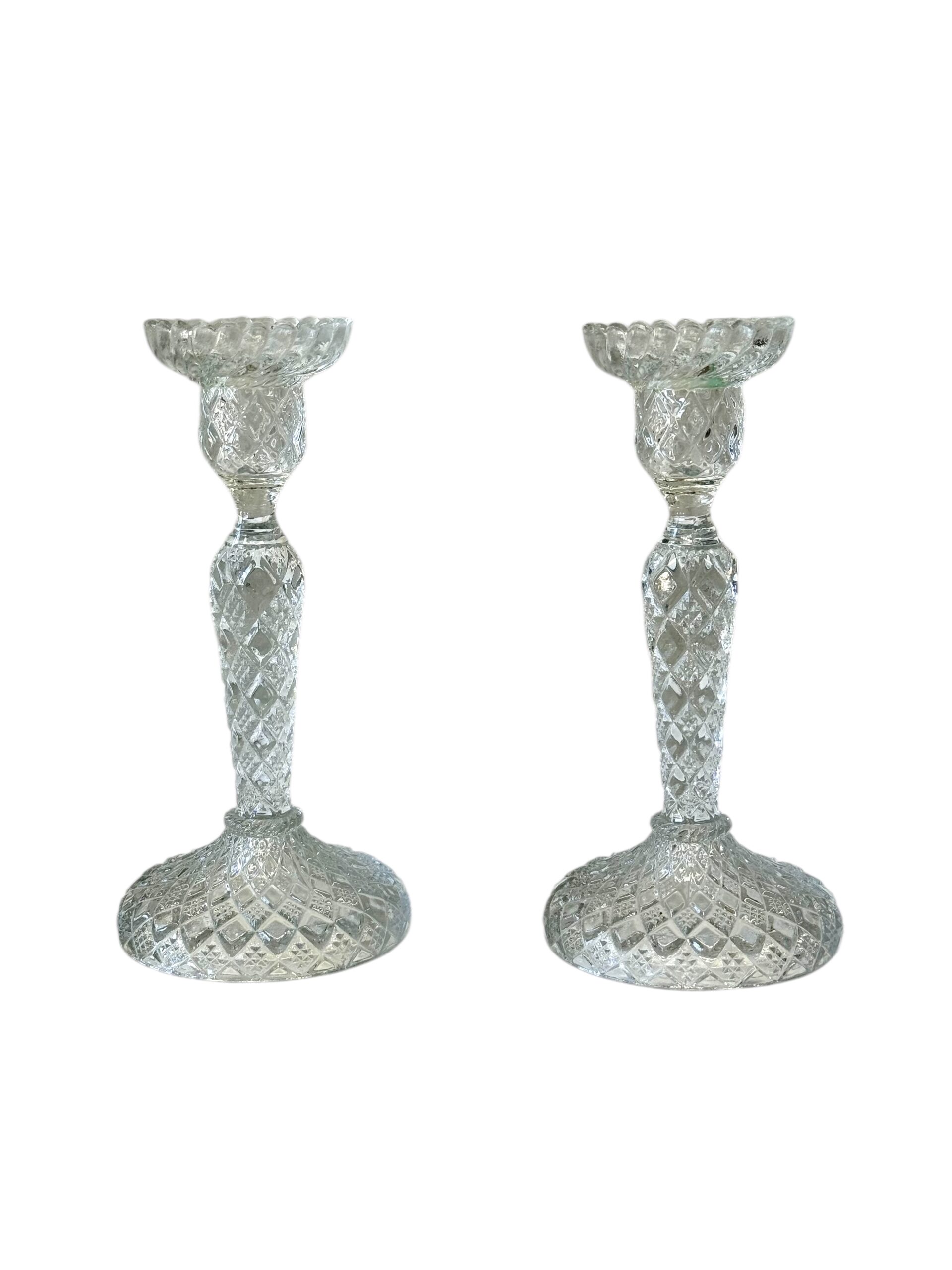 Pair of Cut Crystal Candleholders with Diamond Pattern, 19th Century