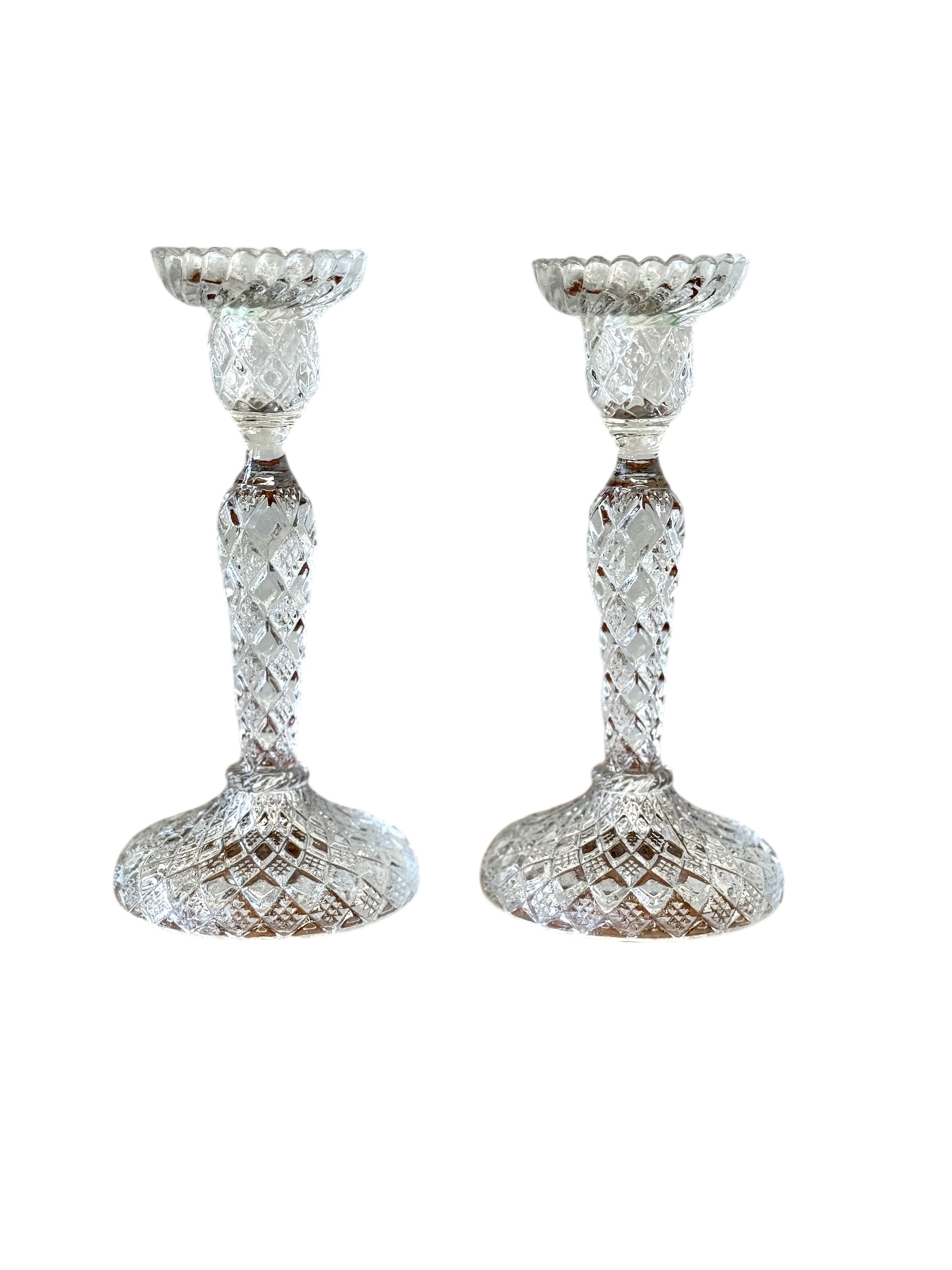 Pair of Cut Crystal Candleholders with Diamond Pattern, 19th Century