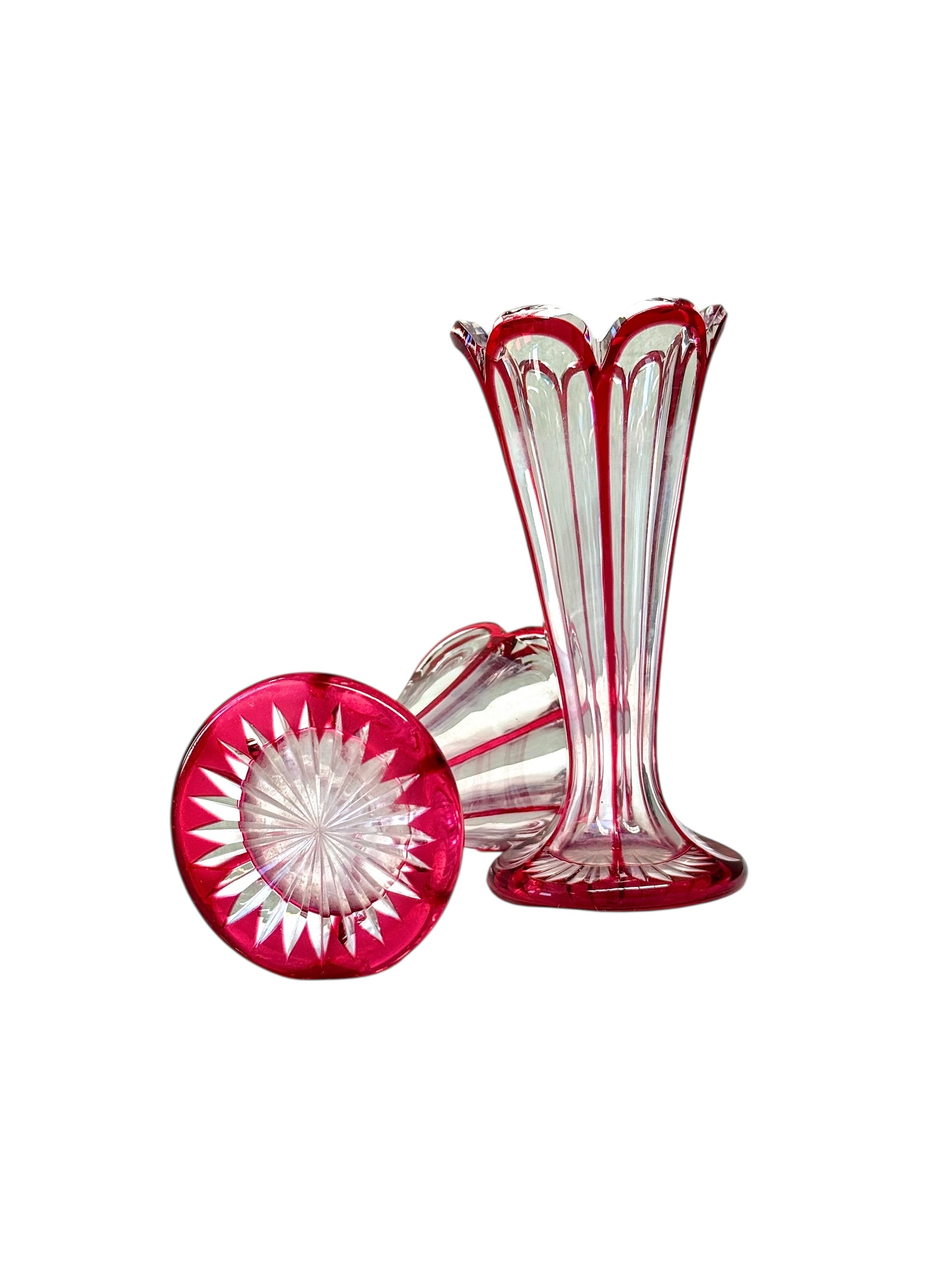 Pair of Petite Ruby Red Overlay Crystal Vases, 19th Century