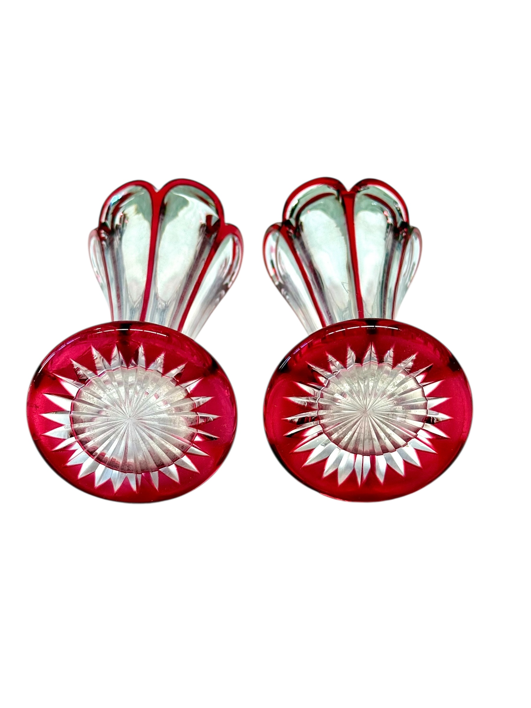Pair of Petite Ruby Red Overlay Crystal Vases, 19th Century