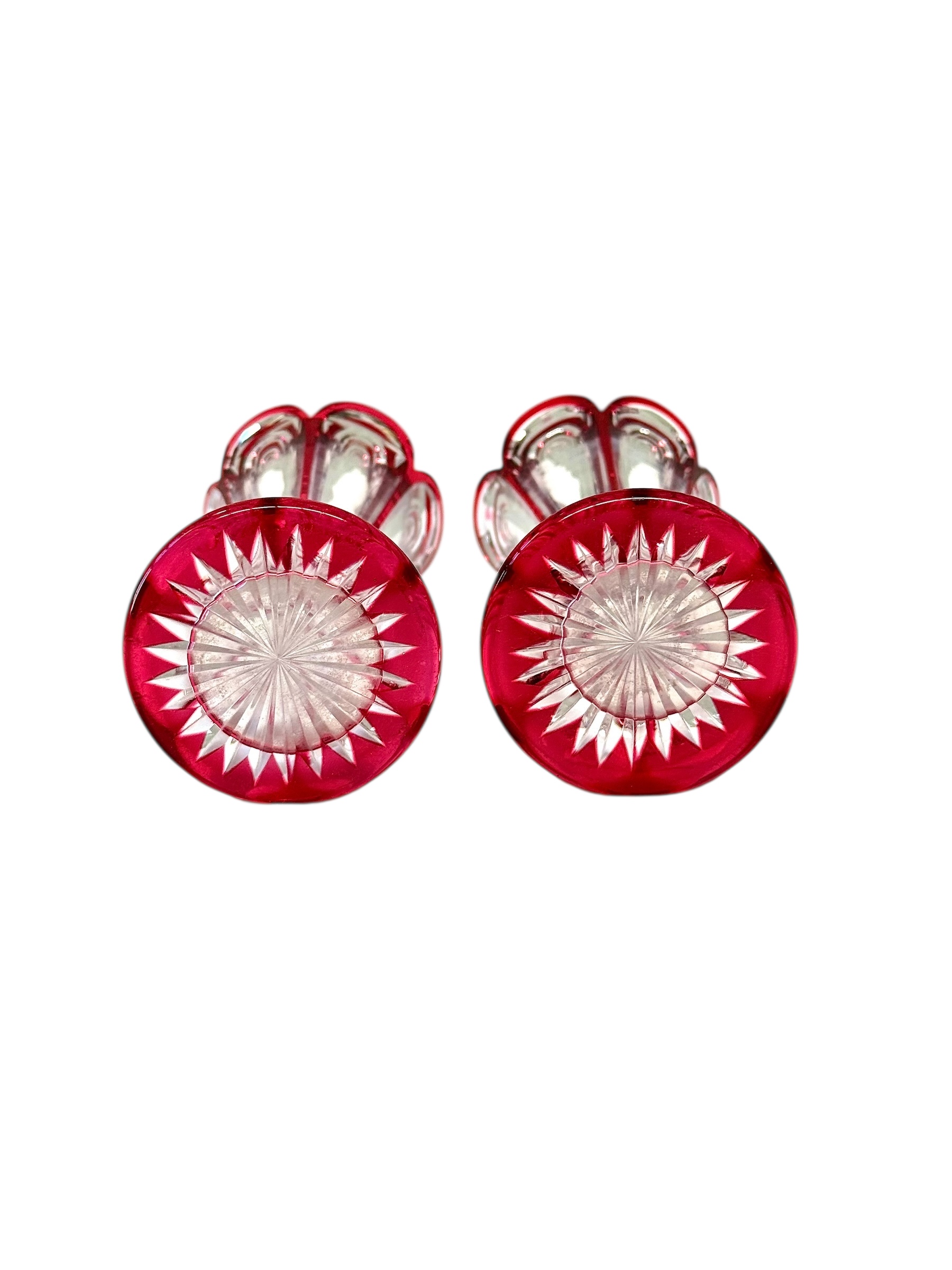 Pair of Petite Ruby Red Overlay Crystal Vases, 19th Century