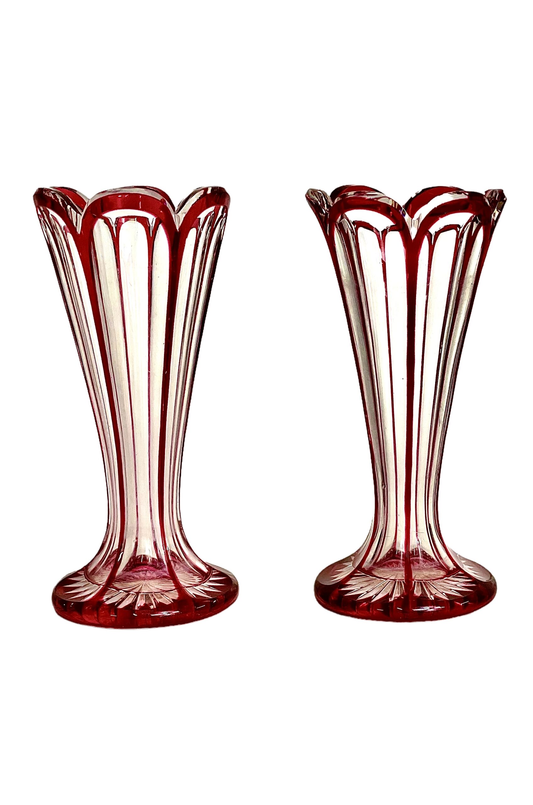 Pair of Petite Ruby Red Overlay Crystal Vases, 19th Century