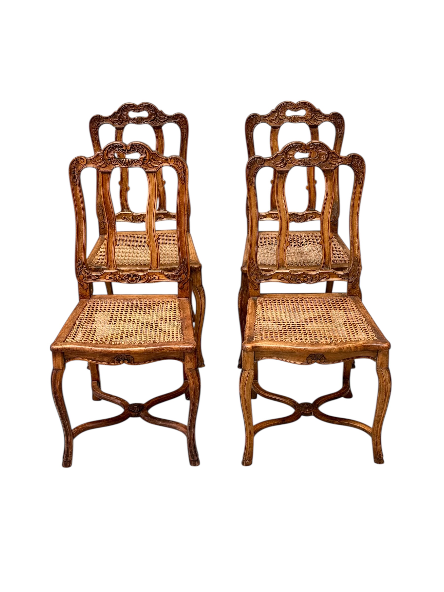 Set of Four 19th Century Louis XV Style Walnut Chairs with Cane Seats