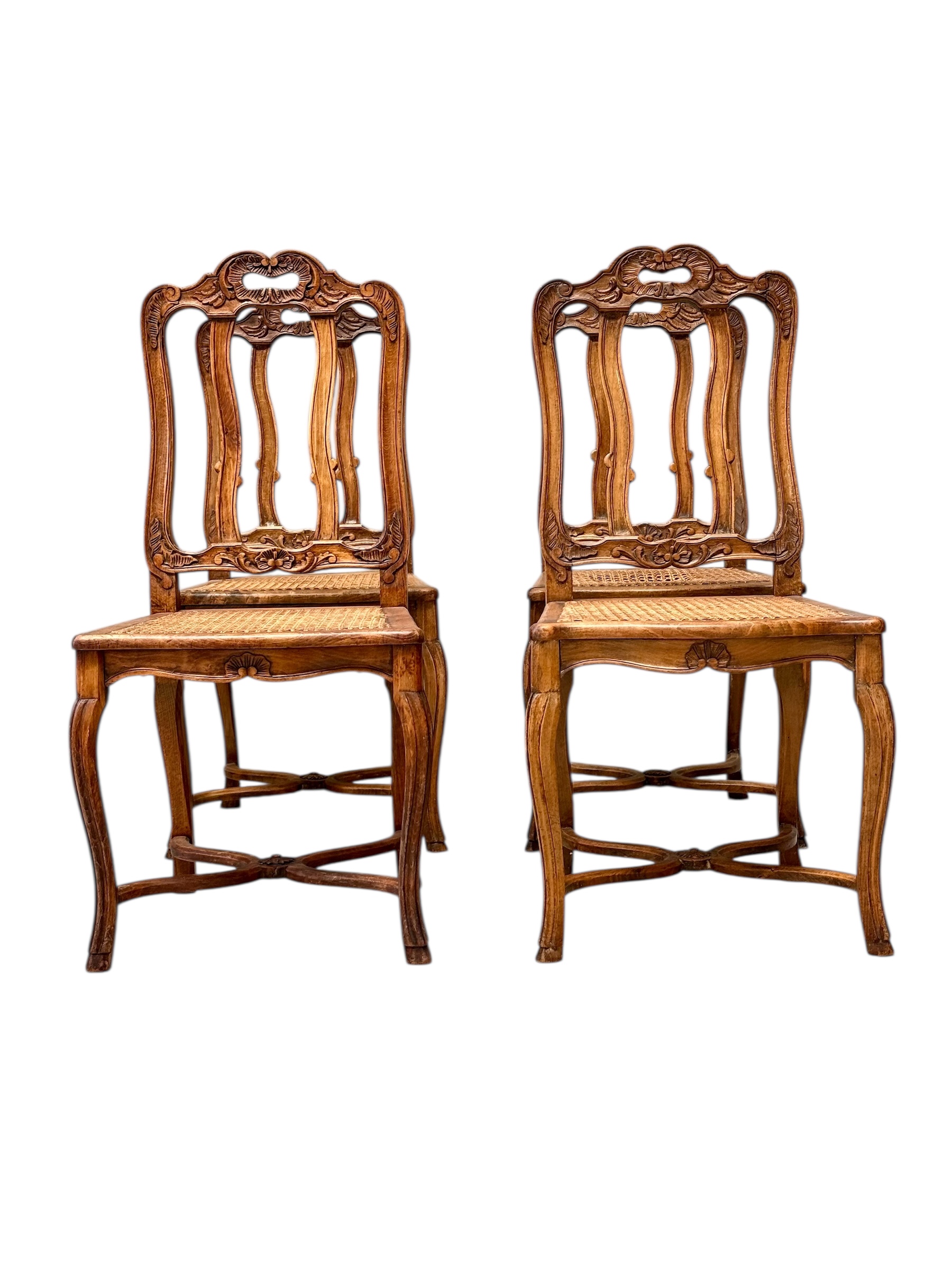 Set of Four 19th Century Louis XV Style Walnut Chairs with Cane Seats