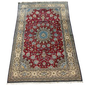Vintage Persian Kashan Wool Rug with Red Field and Floral Medallion
