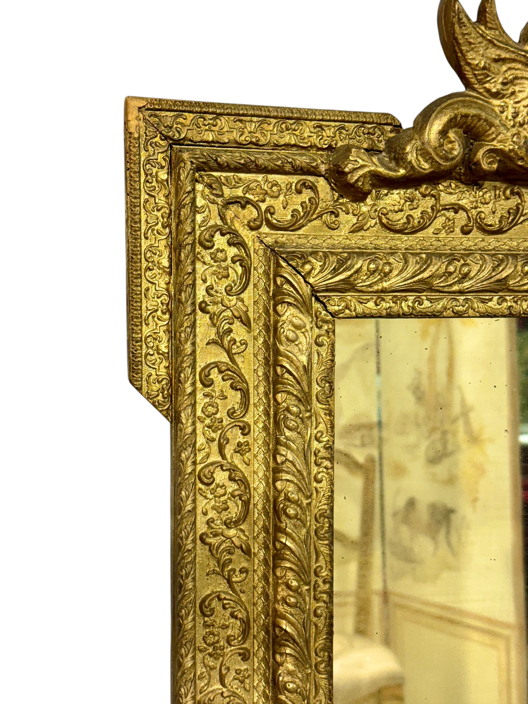 19th Century French Giltwood Mirror with Dolphins & Crest, Louis XVI Style