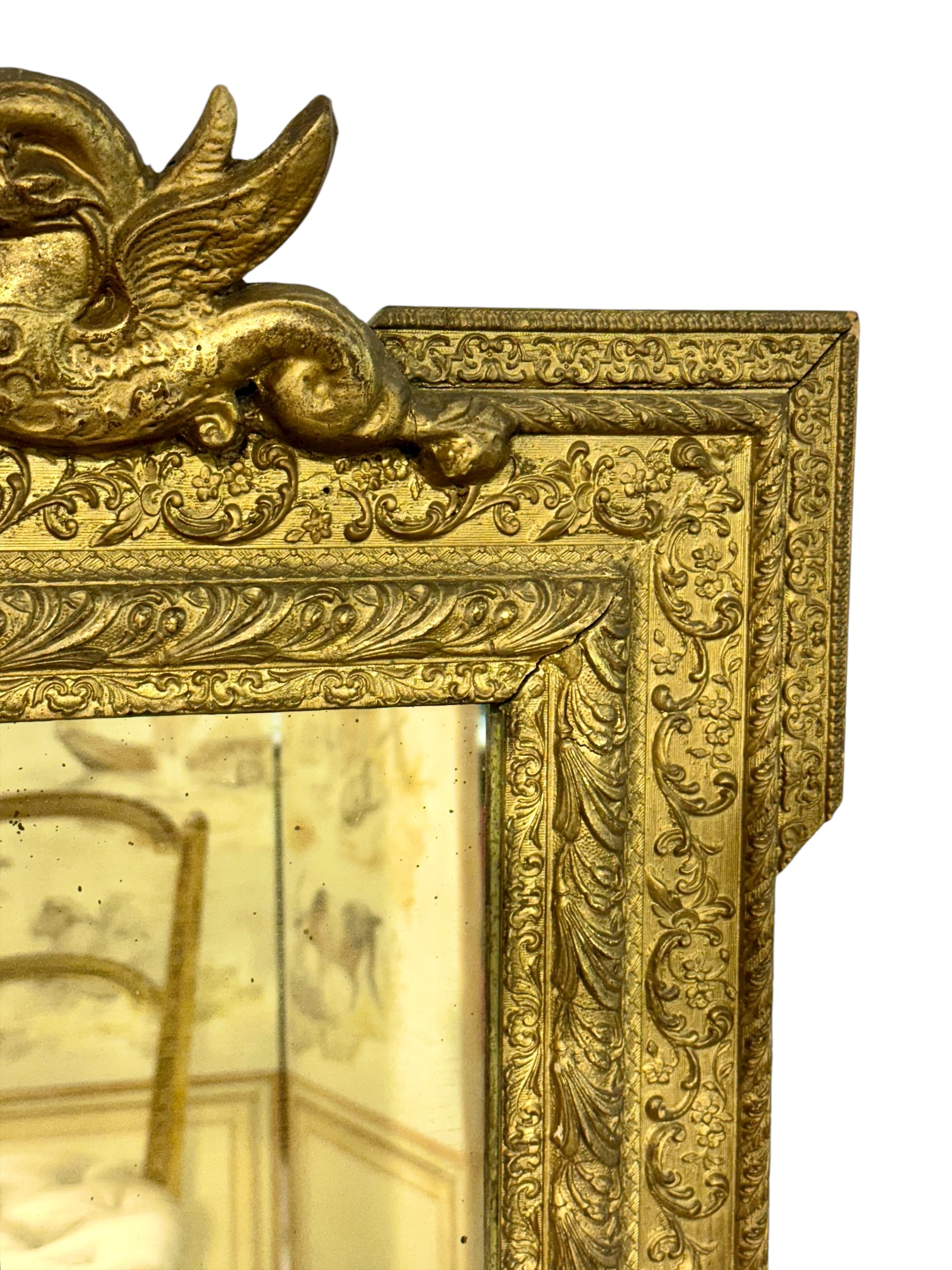 19th Century French Giltwood Mirror with Dolphins & Crest, Louis XVI Style