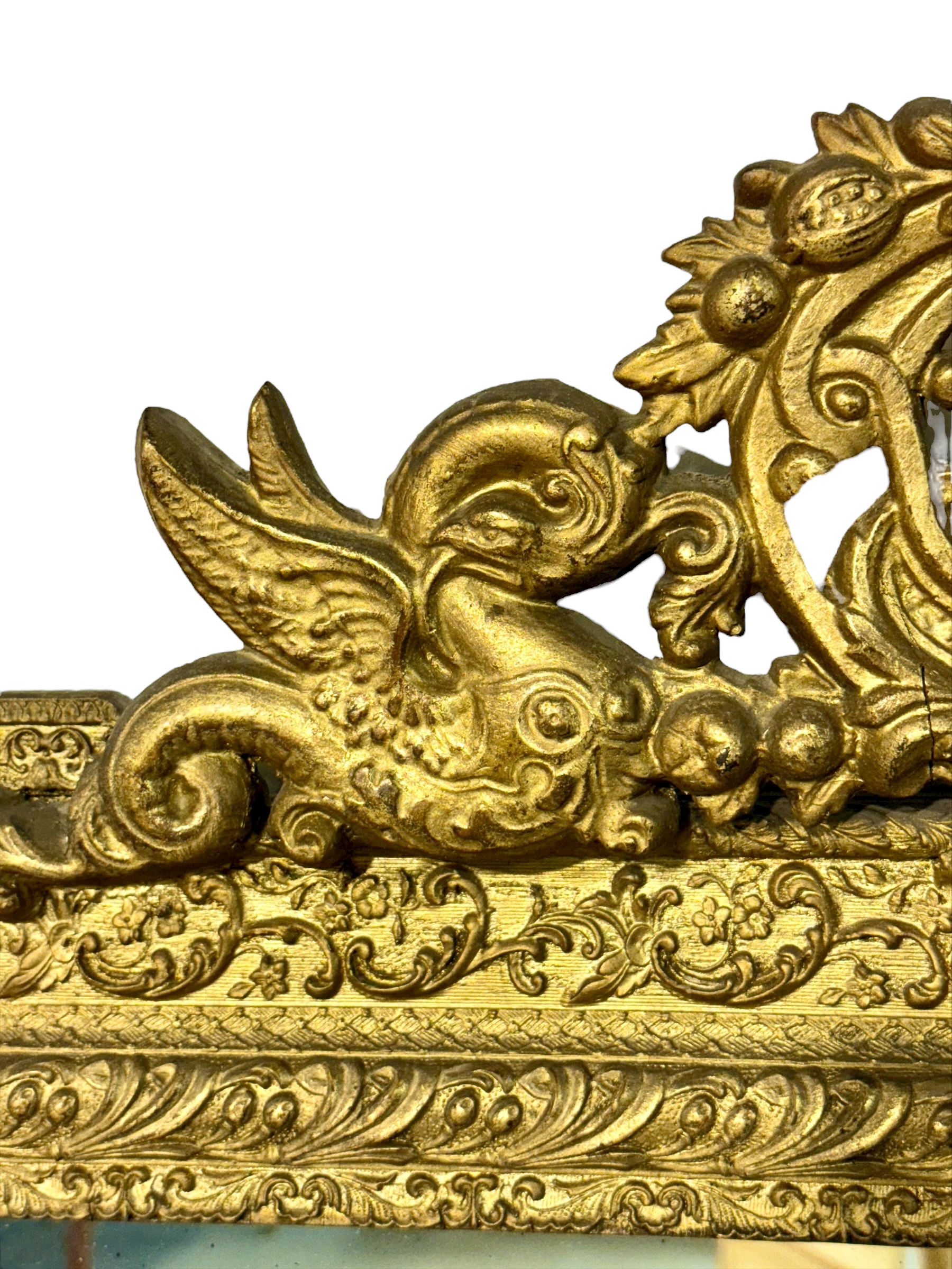 19th Century French Giltwood Mirror with Dolphins & Crest, Louis XVI Style