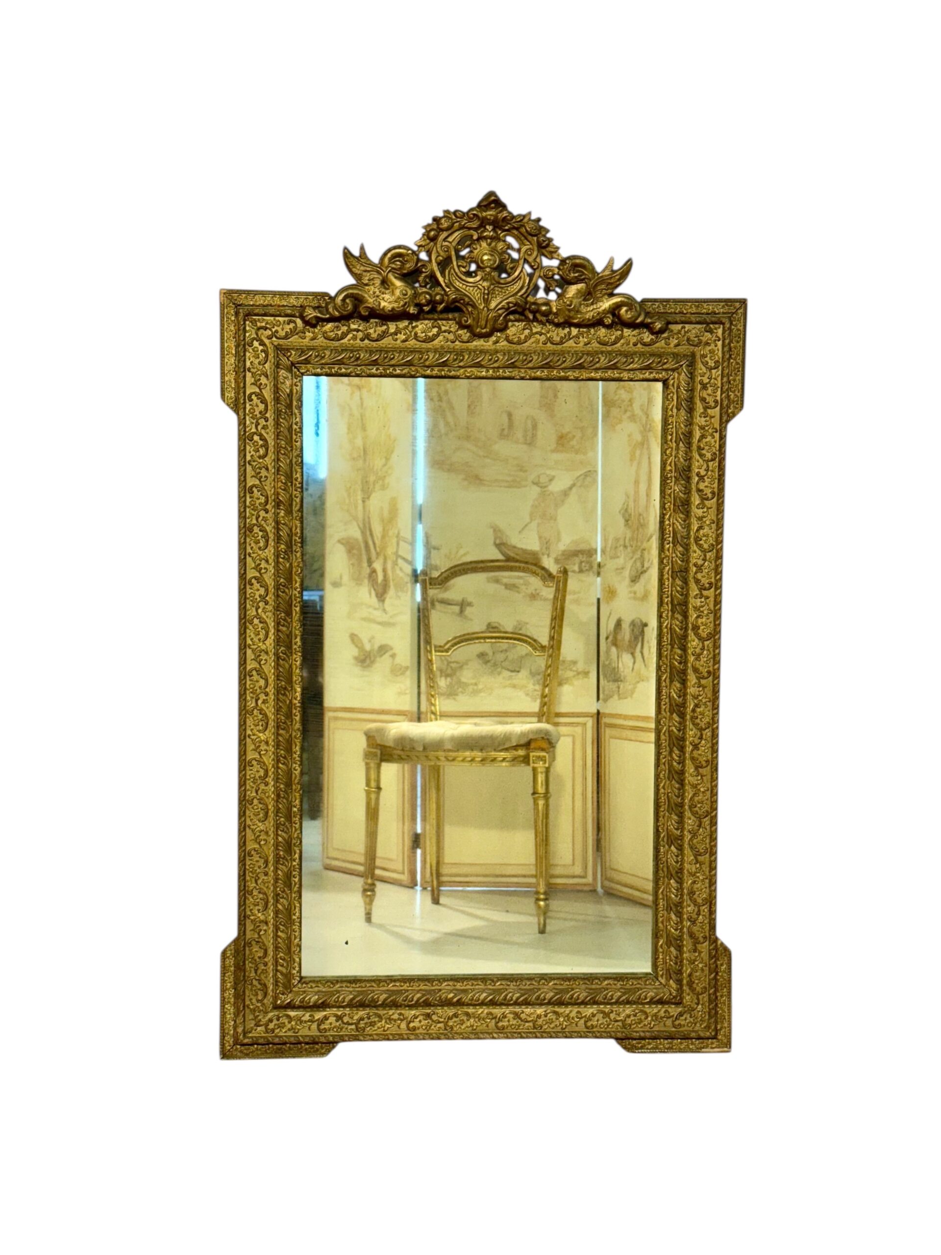 19th Century French Giltwood Mirror with Dolphins & Crest, Louis XVI Style