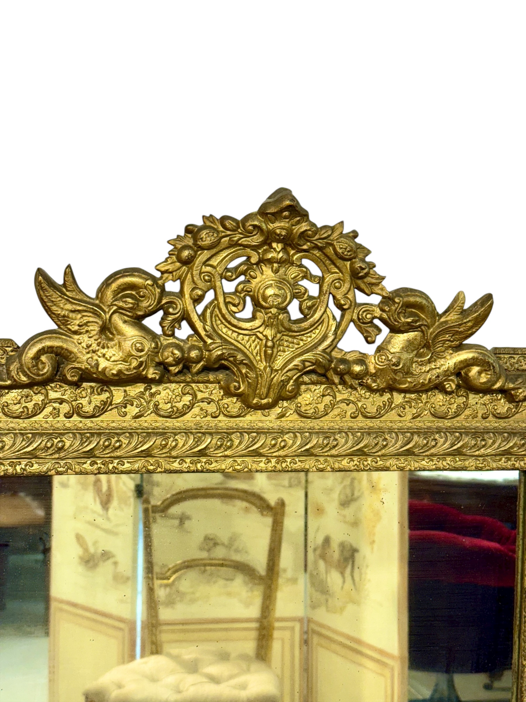 19th Century French Giltwood Mirror with Dolphins & Crest, Louis XVI Style
