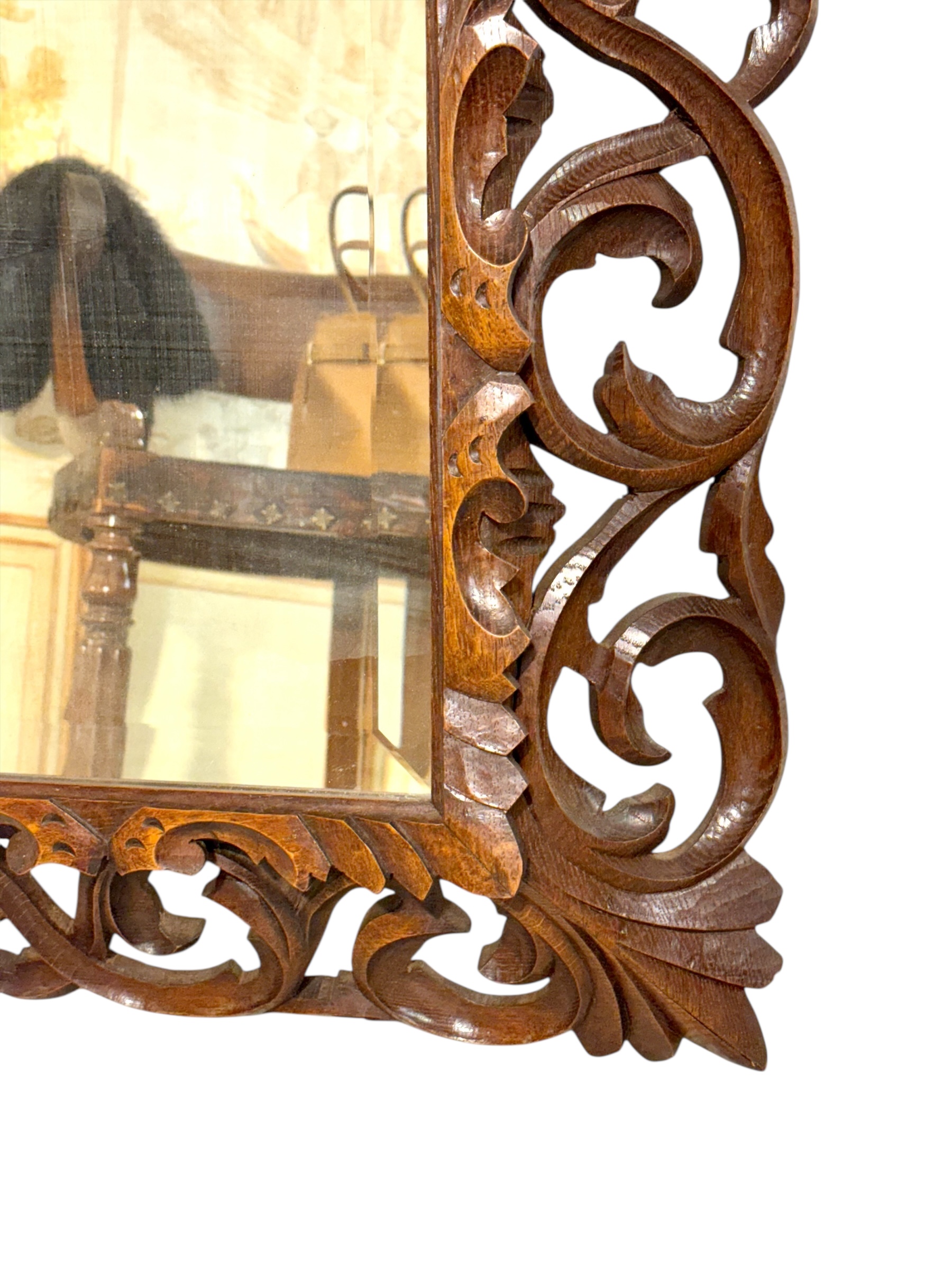 19th Century French Hand-Carved Oak Beveled Mirror - Image 12
