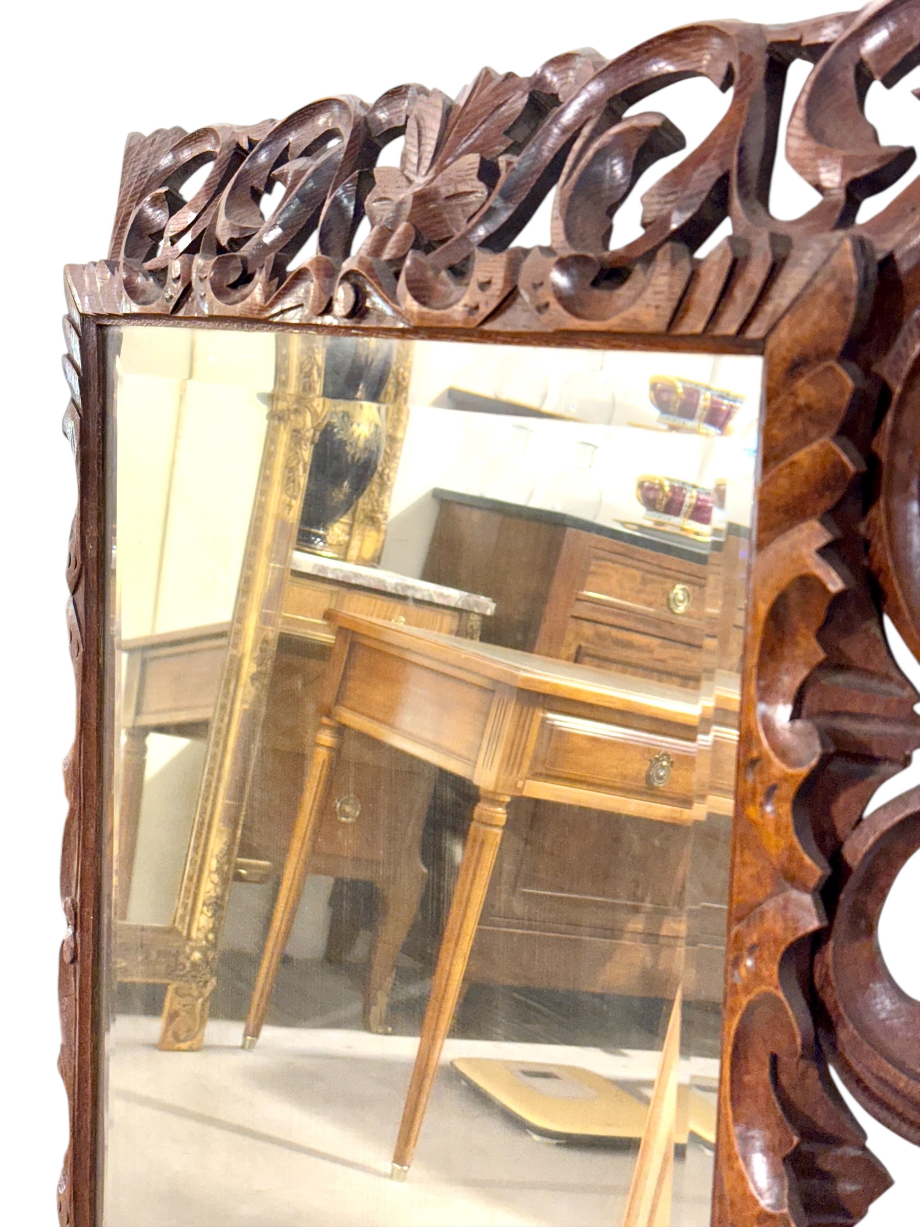 19th Century French Hand-Carved Oak Beveled Mirror - Image 5